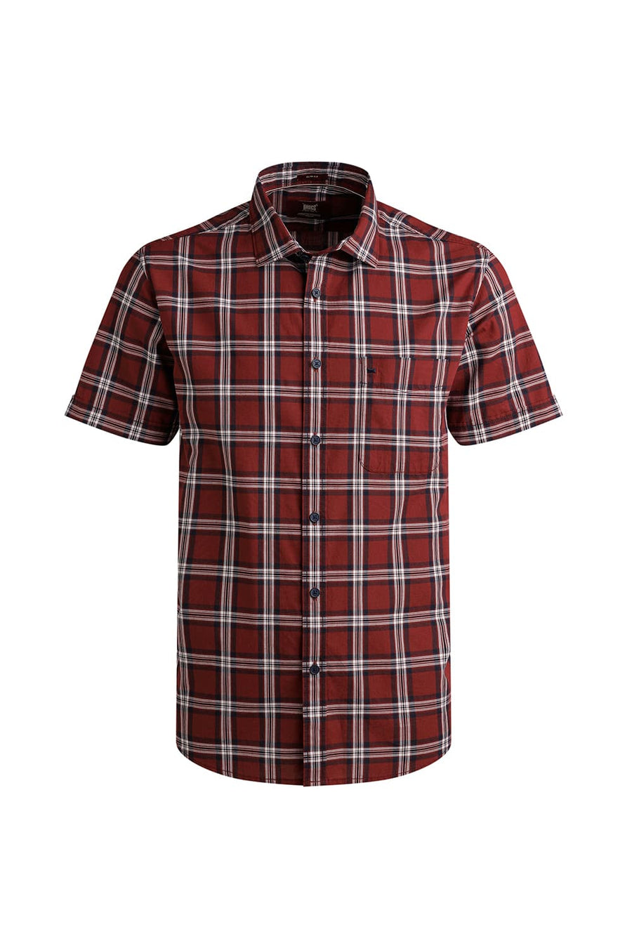 BASICS SLIM FIT BRICK RED COTTON CHECKS HALFSLEEVES SHIRT
