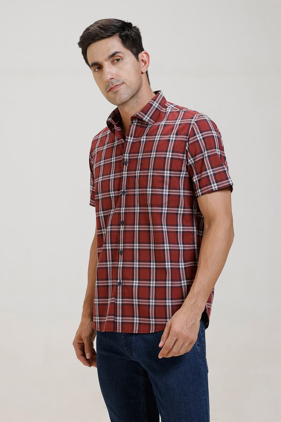 BASICS SLIM FIT BRICK RED COTTON CHECKS HALFSLEEVES SHIRT