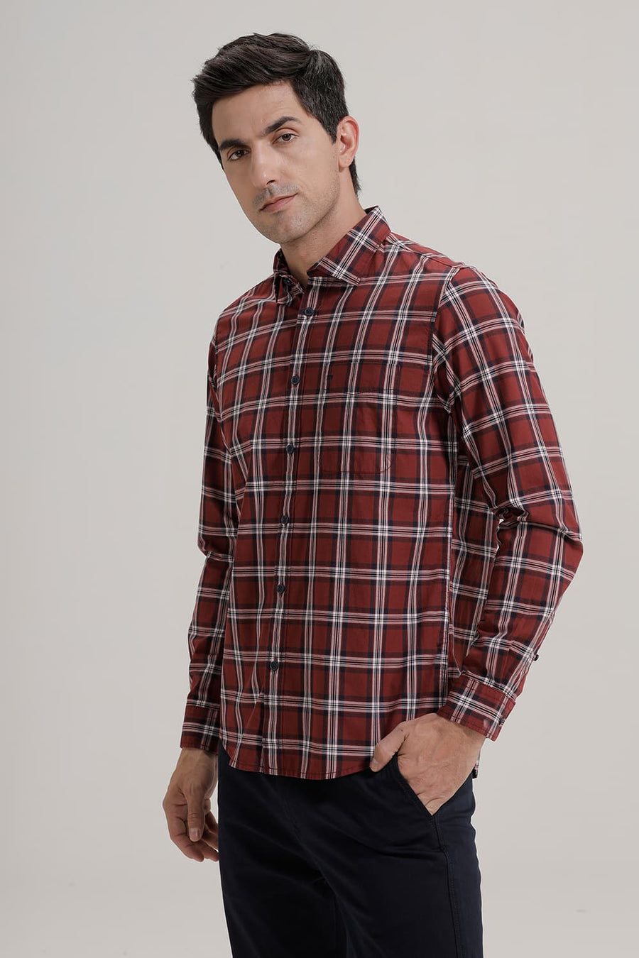 BASICS SLIM FIT BRICK RED COTTON CHECKS SHIRT