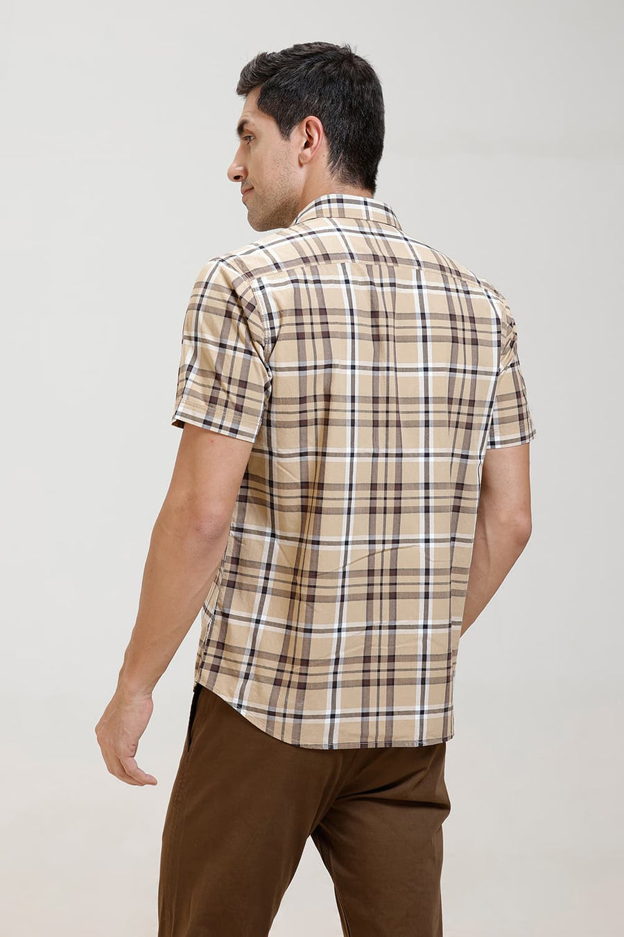 BASICS SLIM FIT CANDIED KHAKI COTTON CHECKS HALFSLEEVES SHIRT