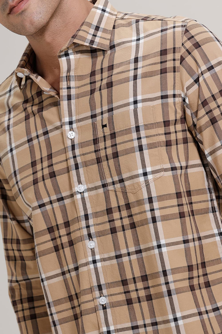 BASICS SLIM FIT CANDIED KHAKI COTTON CHECKS SHIRT