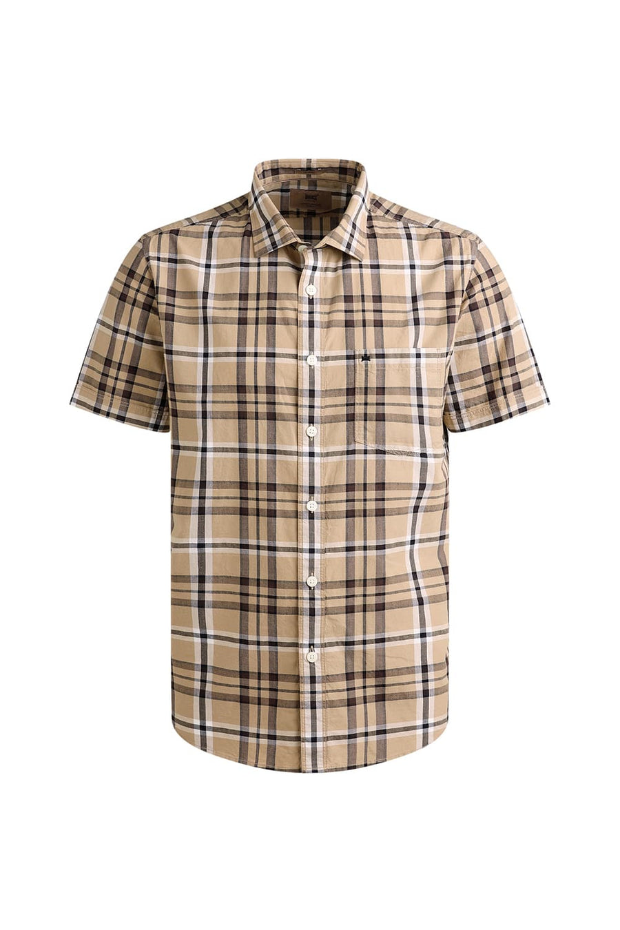BASICS SLIM FIT CANDIED KHAKI COTTON CHECKS HALFSLEEVES SHIRT