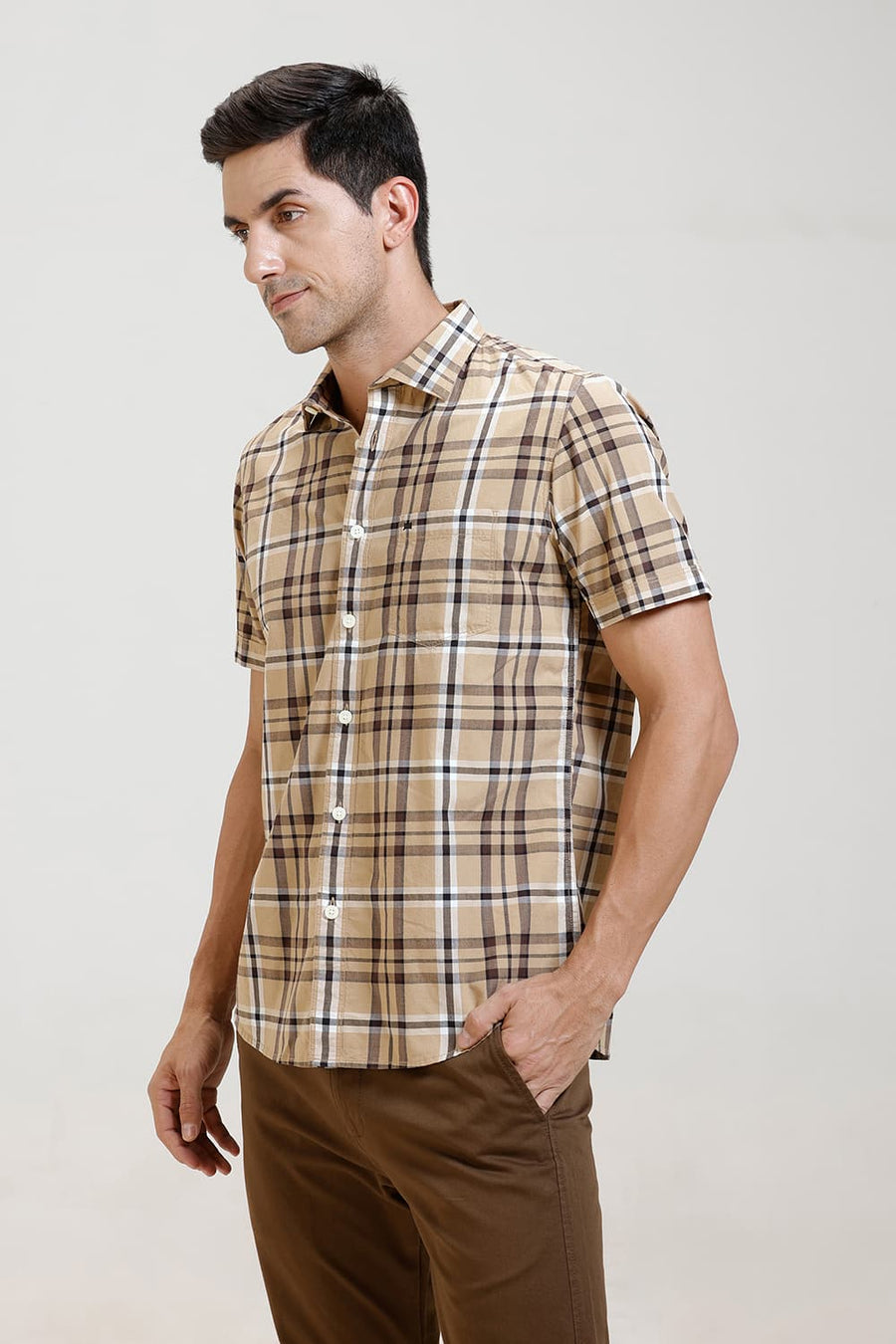BASICS SLIM FIT CANDIED KHAKI COTTON CHECKS HALFSLEEVES SHIRT
