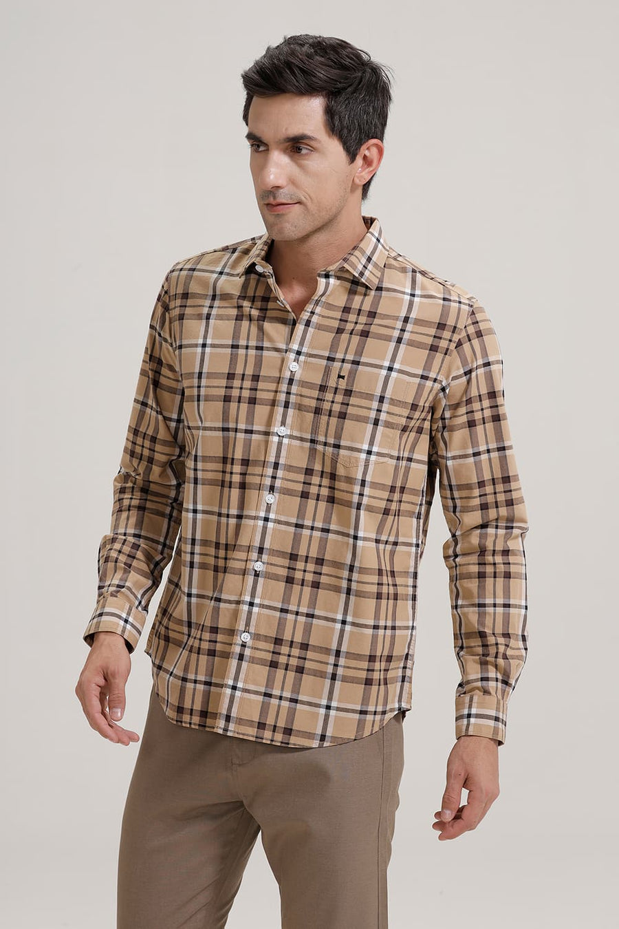 BASICS SLIM FIT CANDIED KHAKI COTTON CHECKS SHIRT
