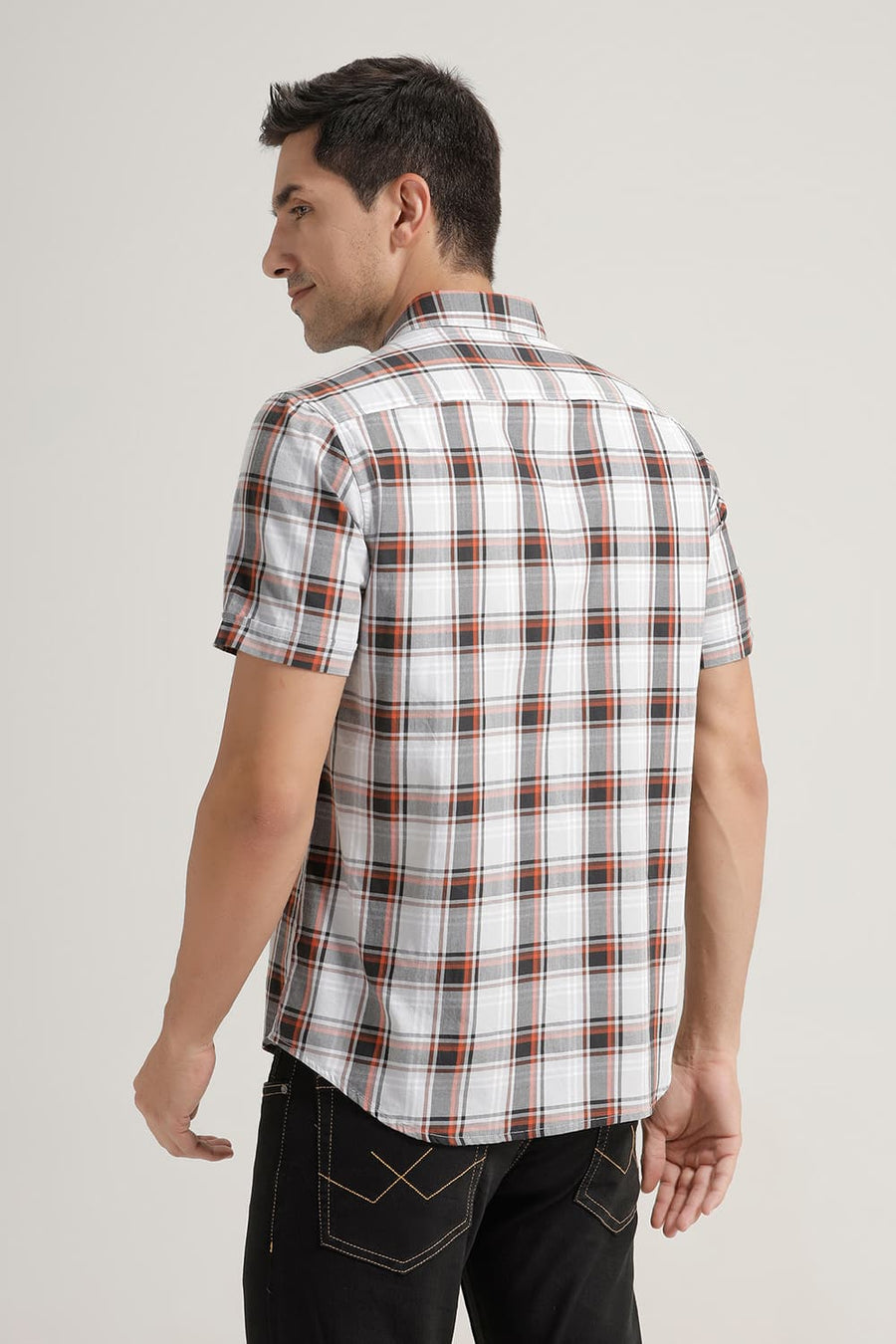 BASICS SLIM FIT SILVER GREY TWILL CHECKS HALFSLEEVES SHIRT