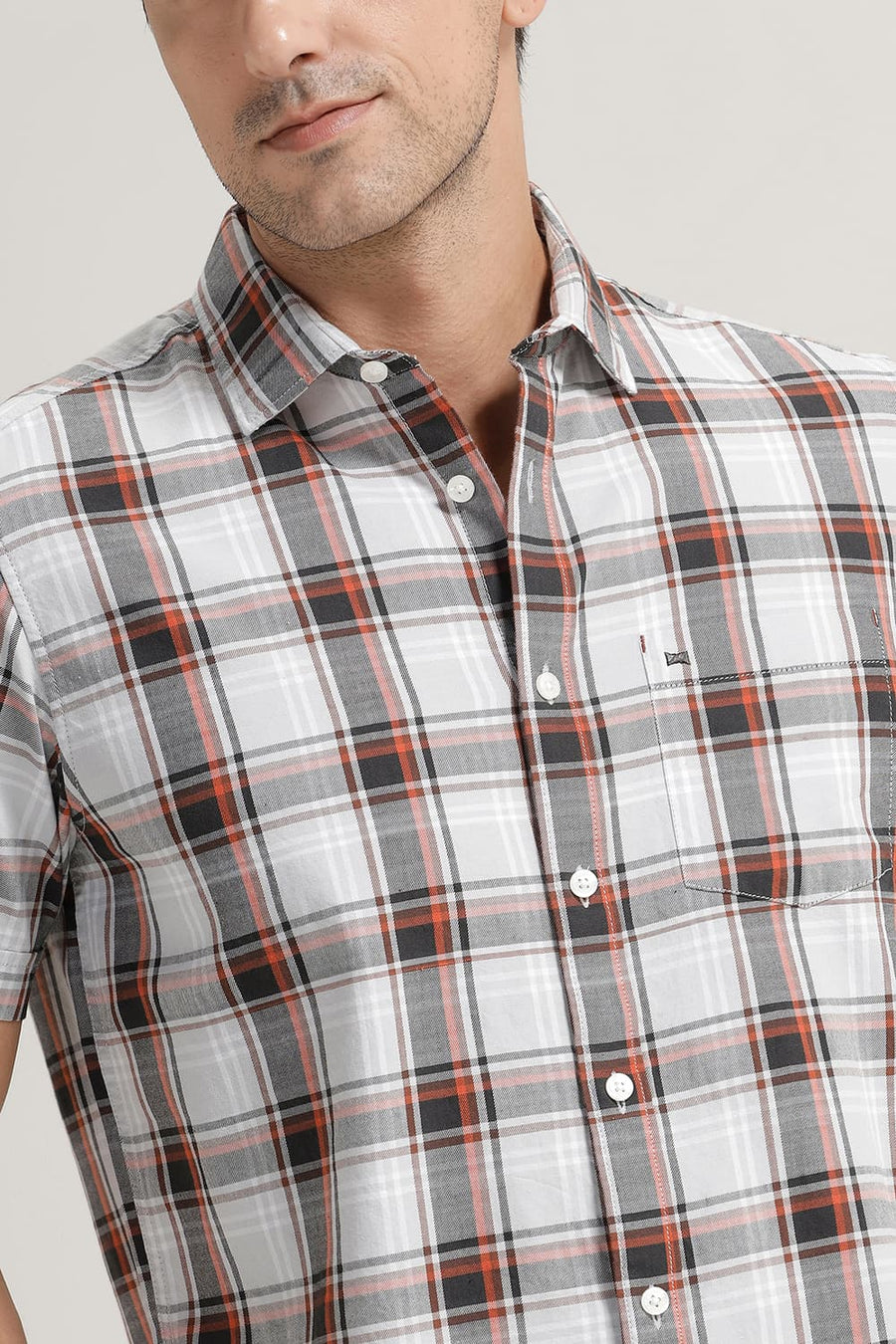 BASICS SLIM FIT SILVER GREY TWILL CHECKS HALFSLEEVES SHIRT