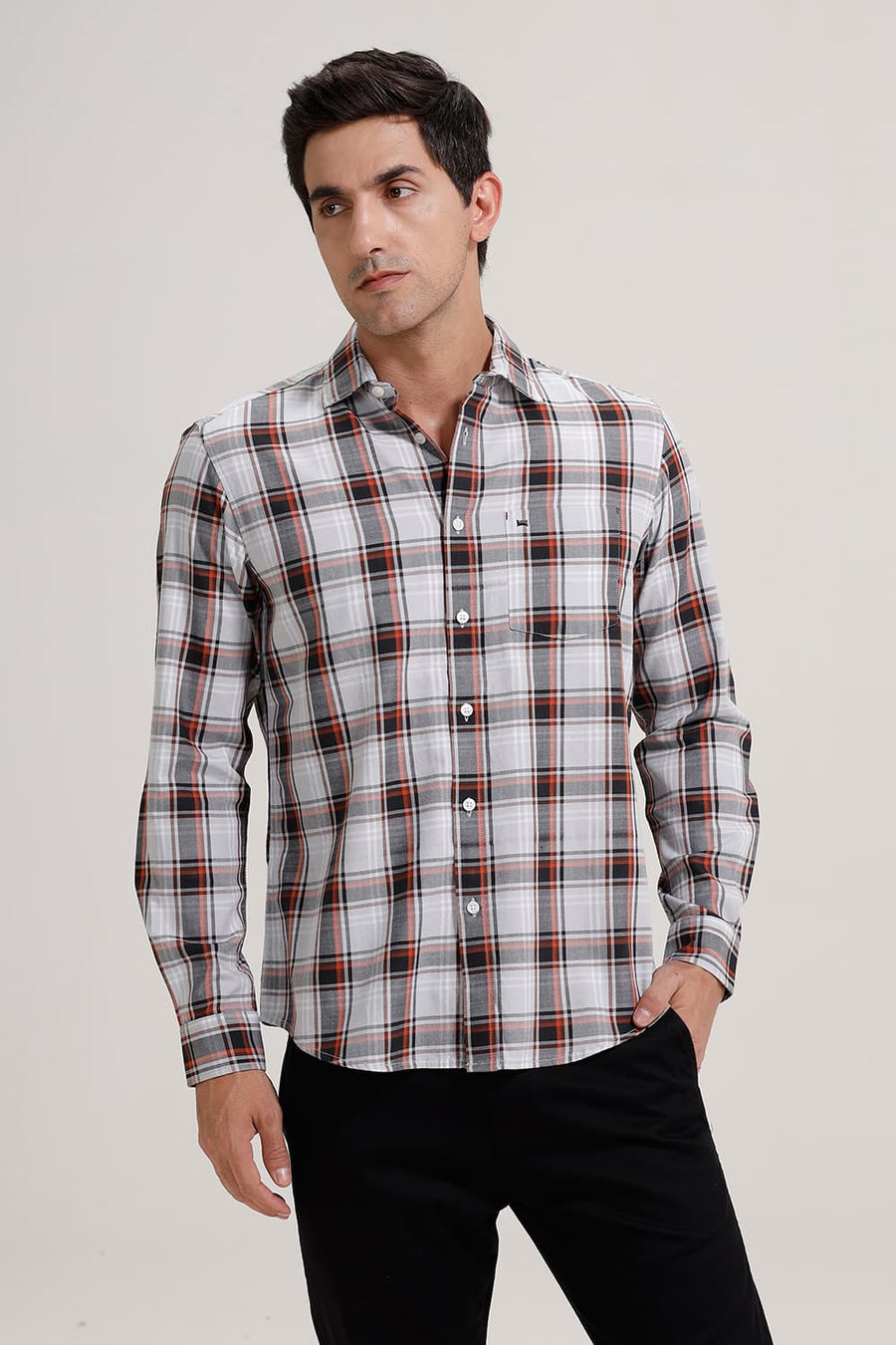 BASICS SLIM FIT SILVER GREY TWILL CHECKS SHIRT