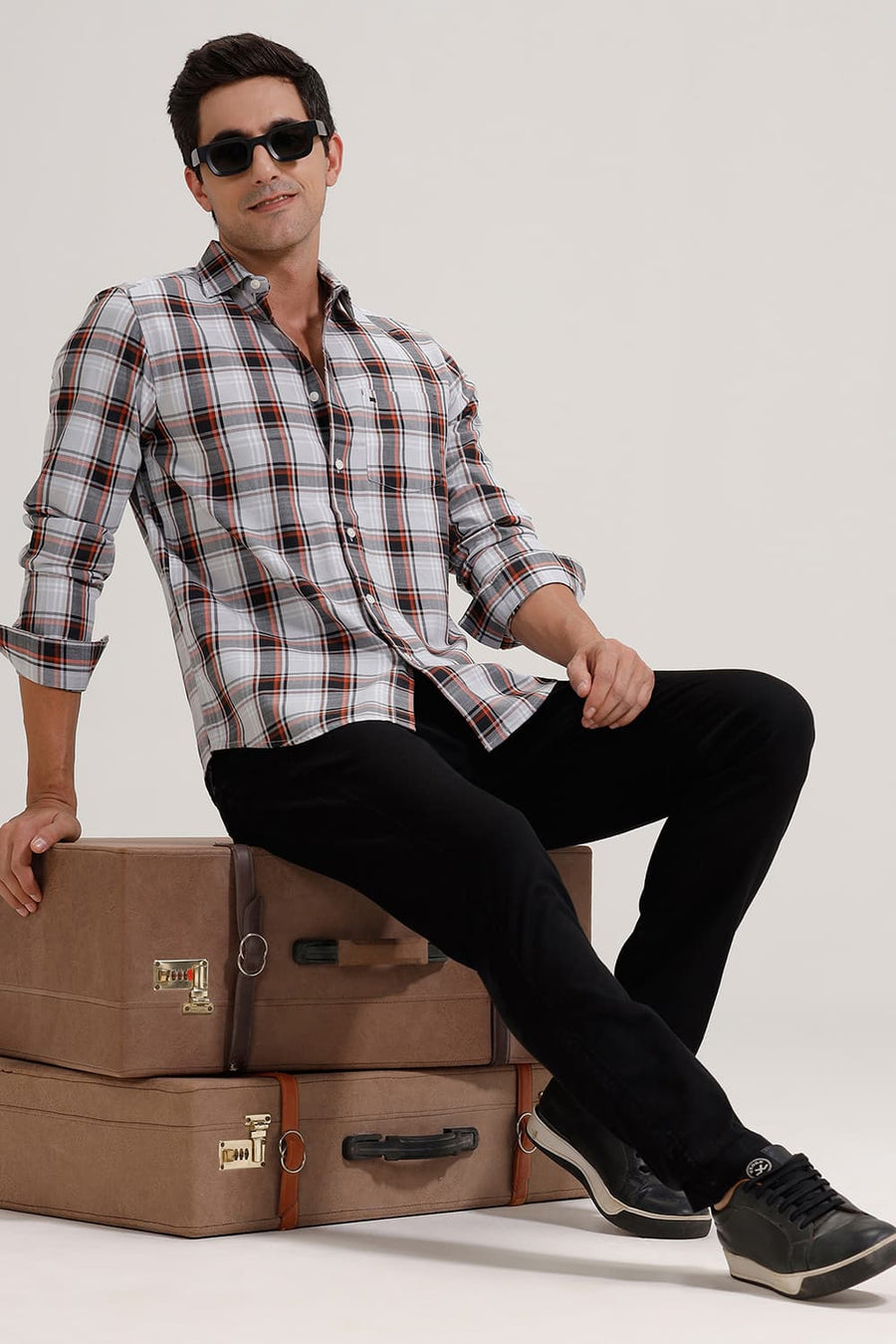 BASICS SLIM FIT SILVER GREY TWILL CHECKS SHIRT