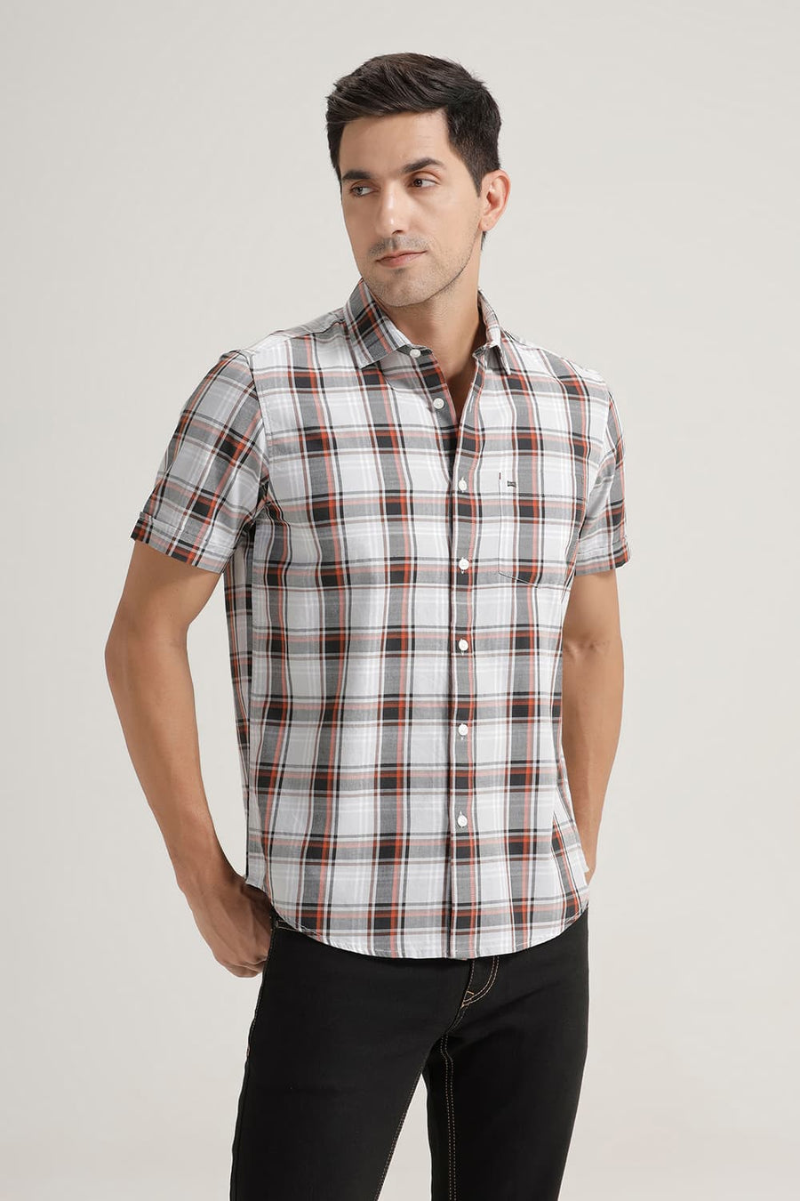 BASICS SLIM FIT SILVER GREY TWILL CHECKS HALFSLEEVES SHIRT