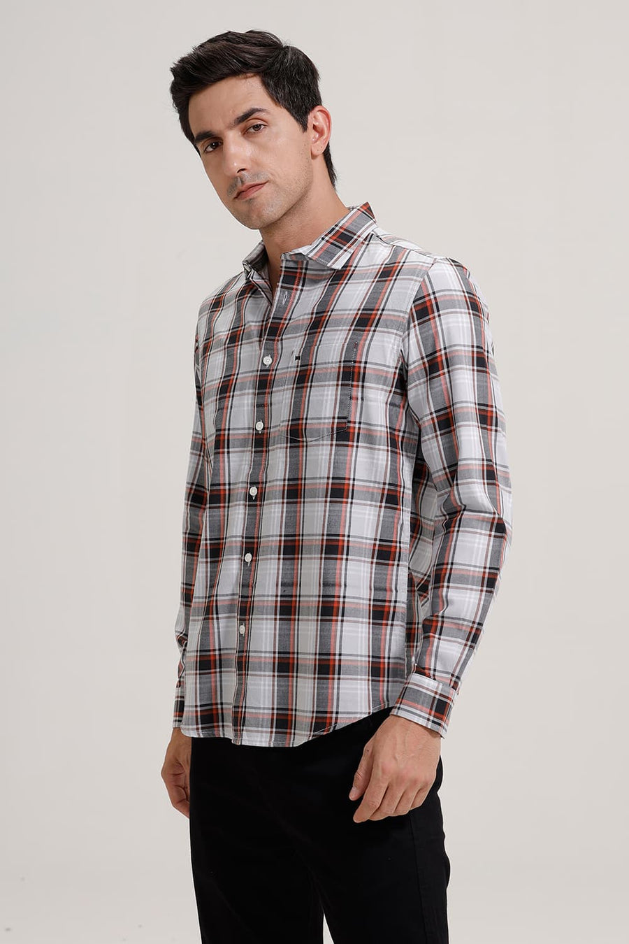 BASICS SLIM FIT SILVER GREY TWILL CHECKS SHIRT