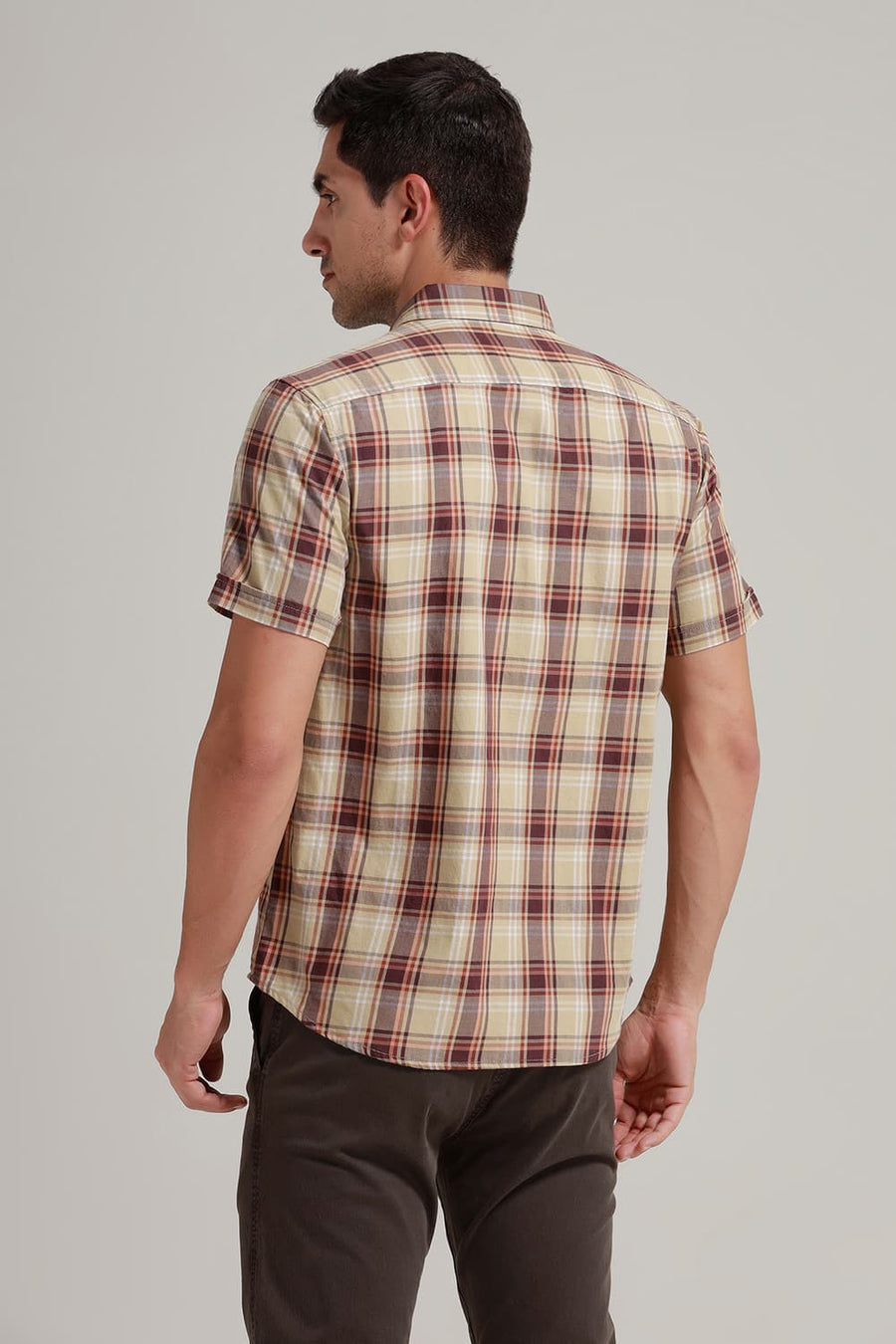 BASICS SLIM FIT KHAKI SAND TWILL CHECKS HALFSLEEVES SHIRT