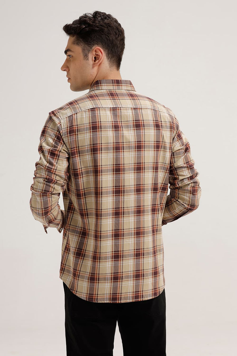 BASICS SLIM FIT KHAKI SAND TWILL CHECKS SHIRT