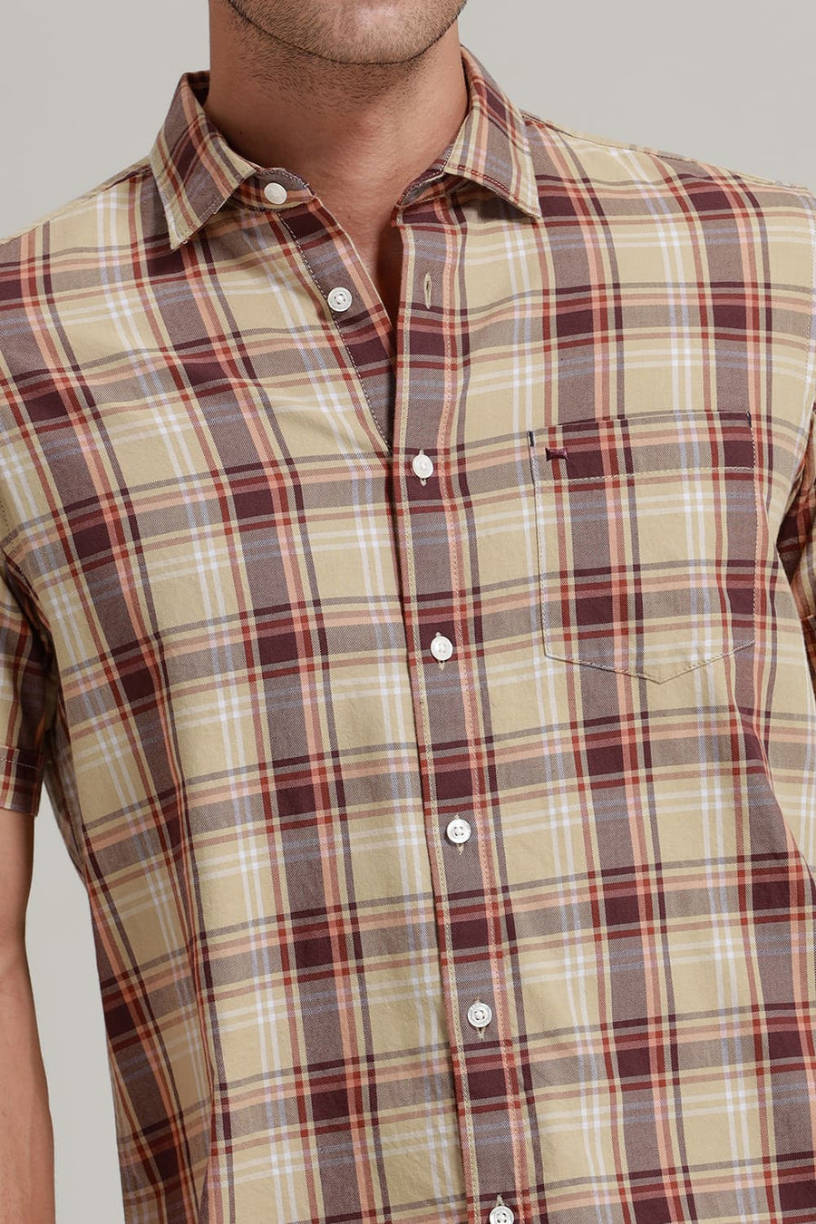 BASICS SLIM FIT KHAKI SAND TWILL CHECKS HALFSLEEVES SHIRT