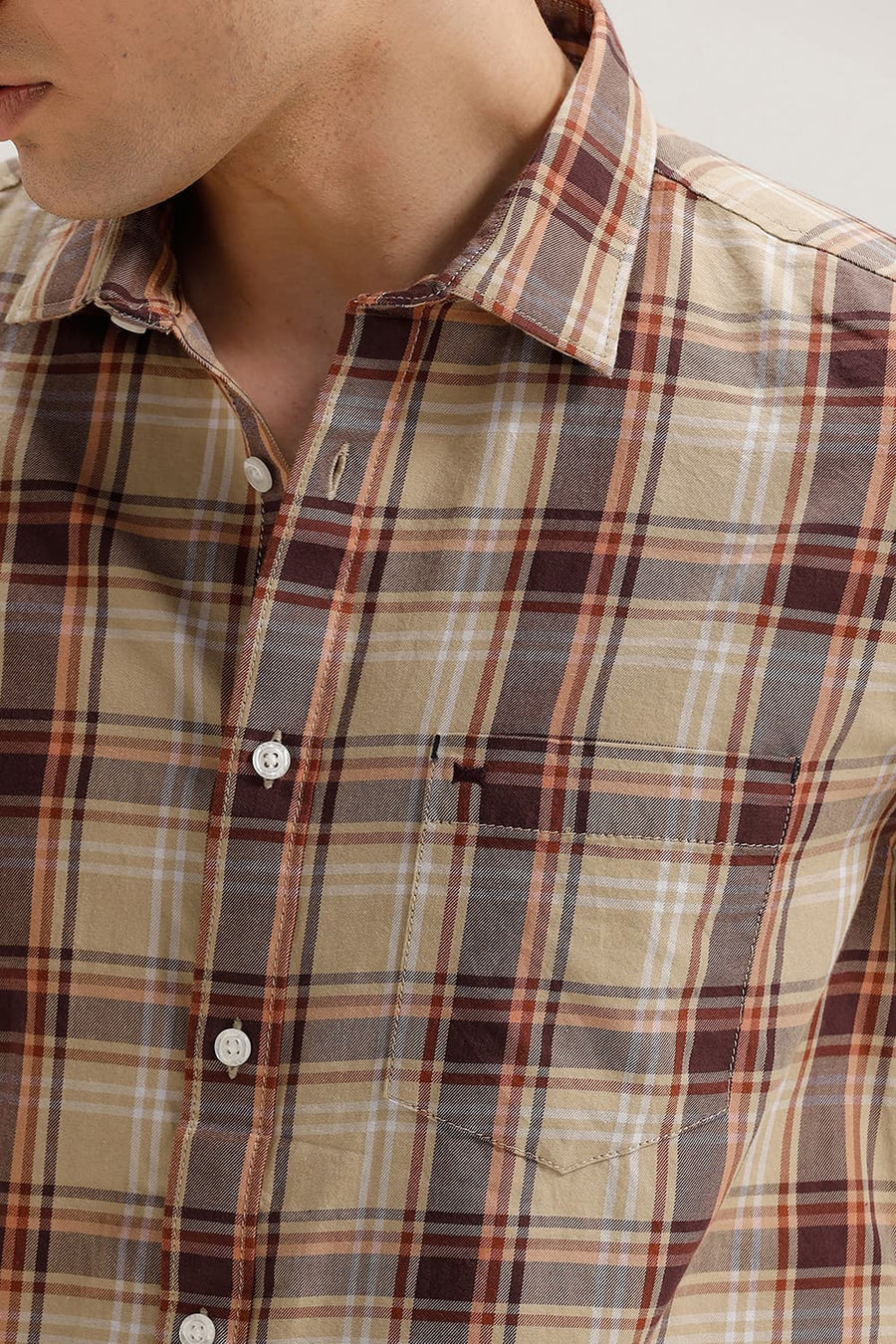 BASICS SLIM FIT KHAKI SAND TWILL CHECKS SHIRT