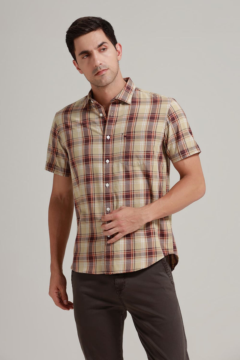 SLIM FIT TWILL CHECKS HALFSLEEVES SHIRT