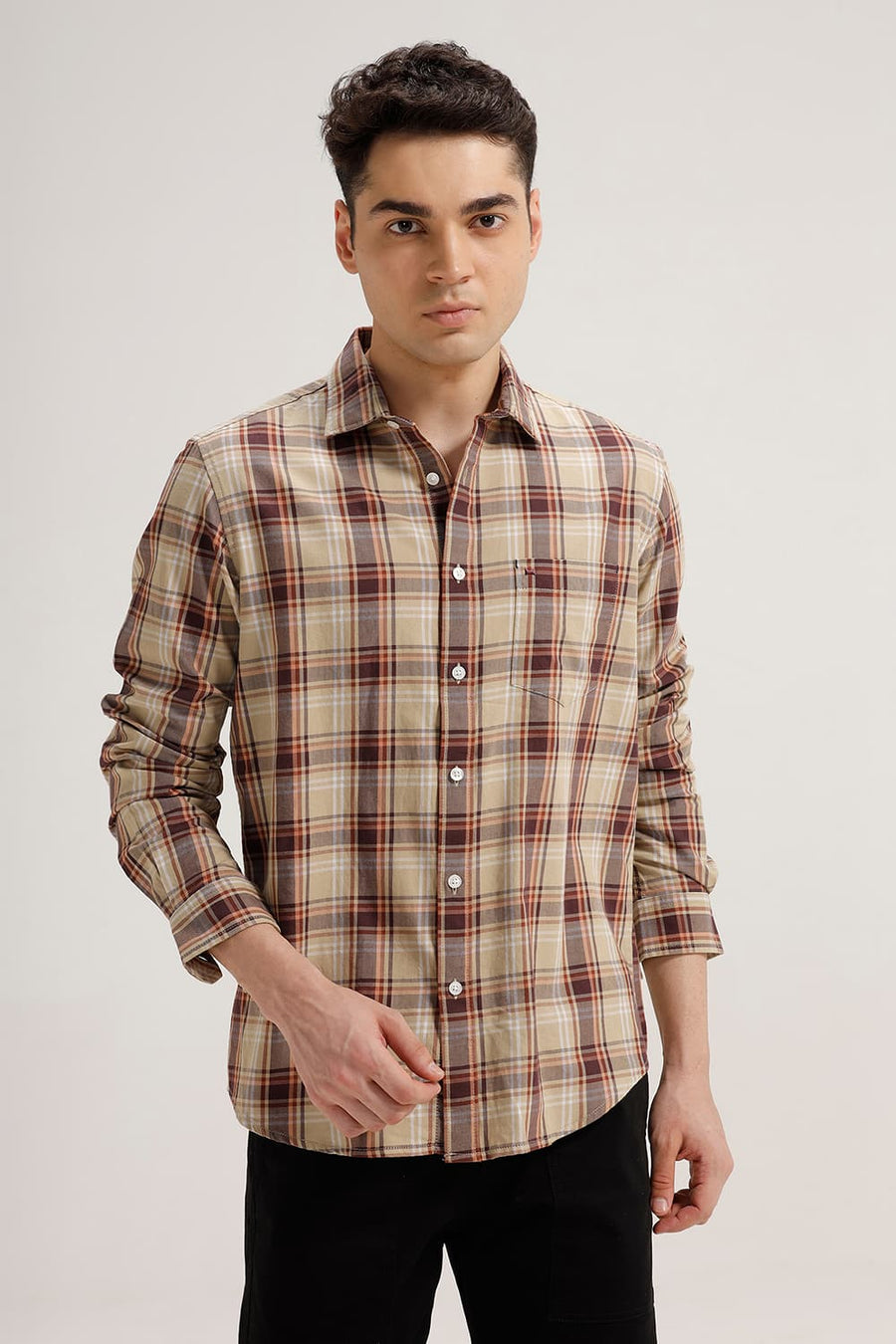 BASICS SLIM FIT KHAKI SAND TWILL CHECKS SHIRT