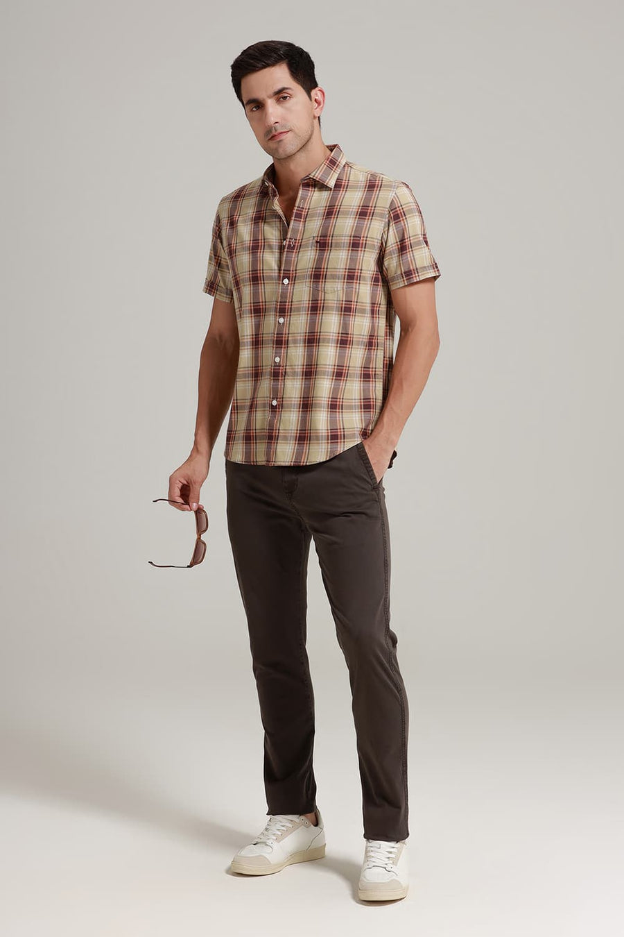 BASICS SLIM FIT KHAKI SAND TWILL CHECKS HALFSLEEVES SHIRT
