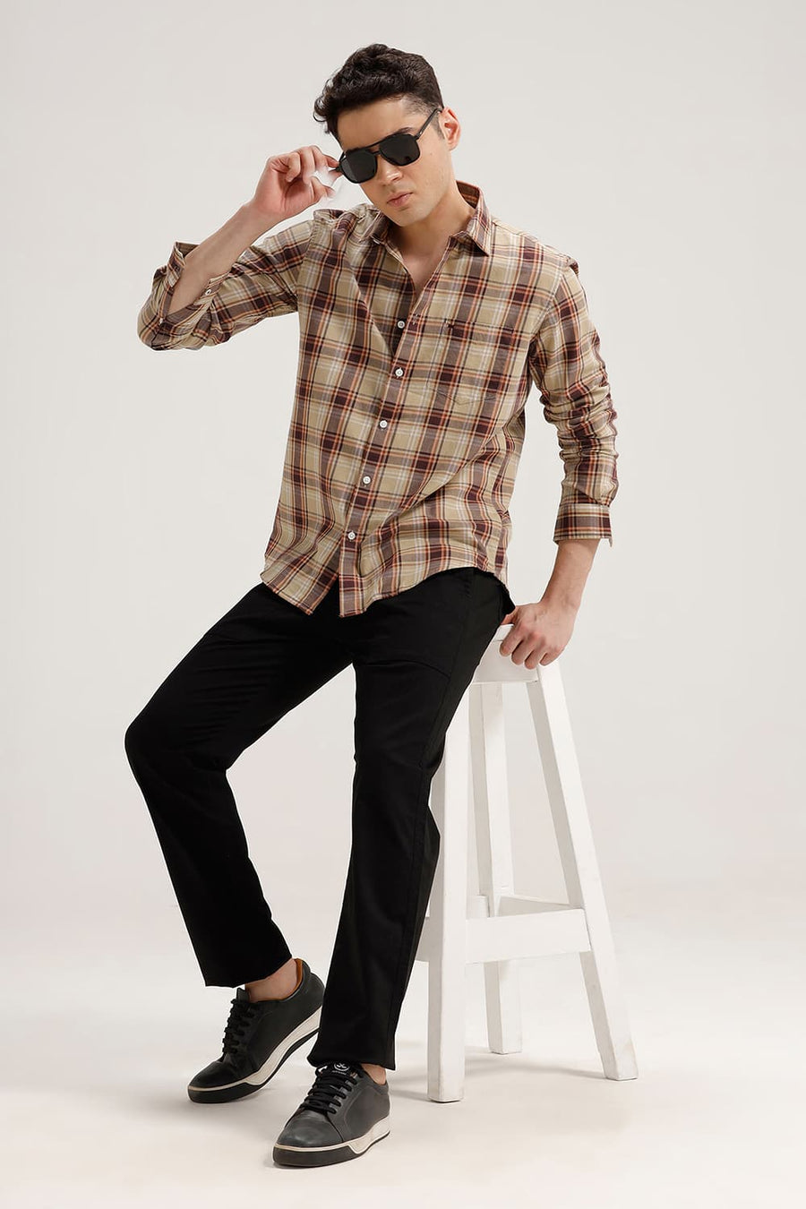 BASICS SLIM FIT KHAKI SAND TWILL CHECKS SHIRT
