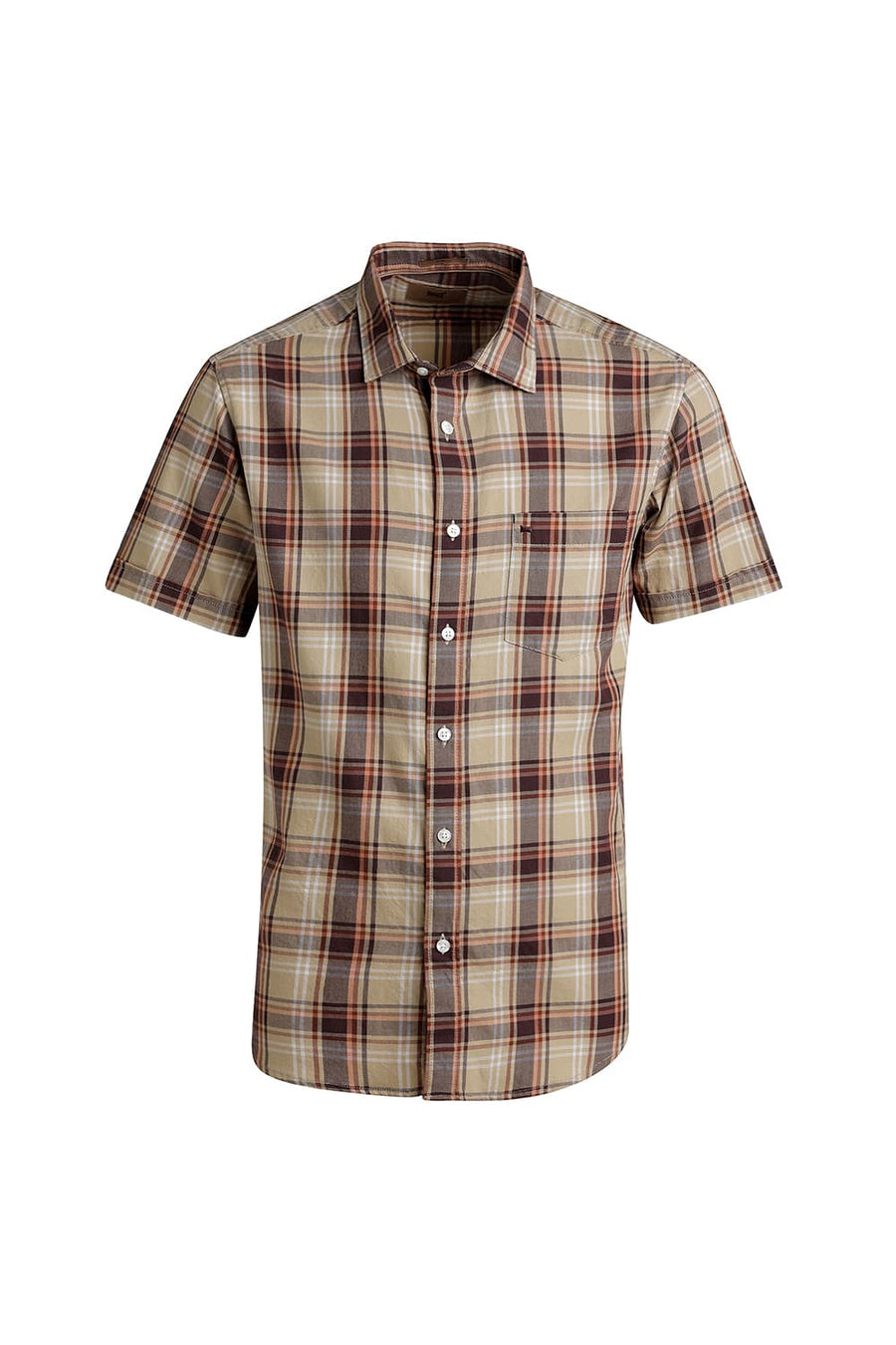 BASICS SLIM FIT KHAKI SAND TWILL CHECKS HALFSLEEVES SHIRT