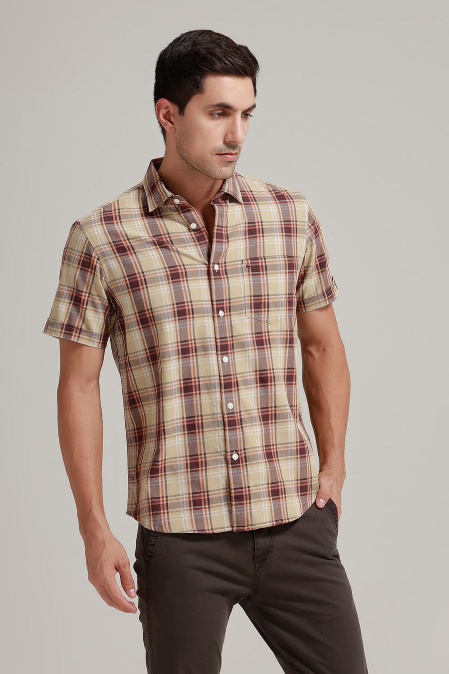 BASICS SLIM FIT KHAKI SAND TWILL CHECKS HALFSLEEVES SHIRT