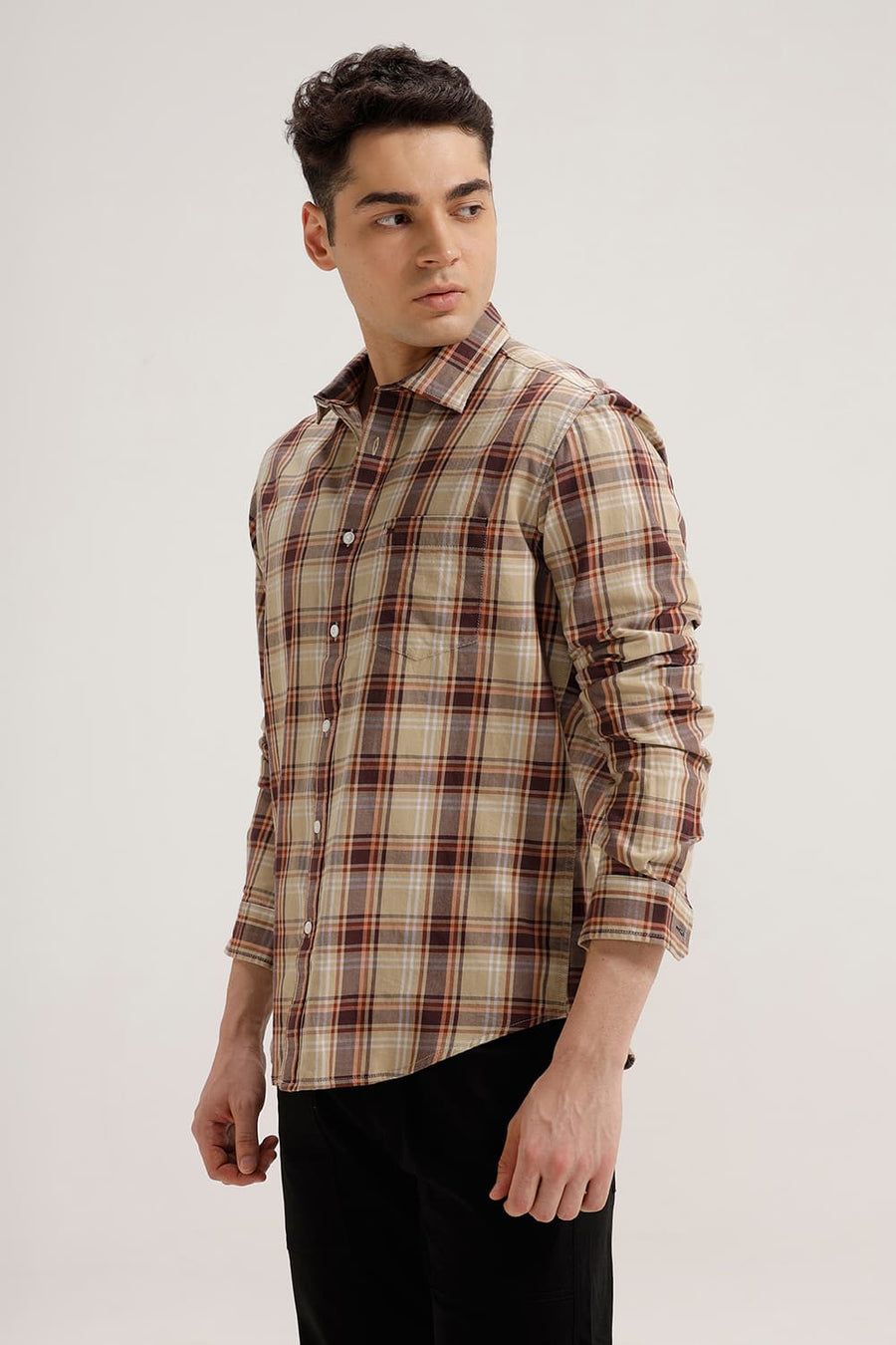 BASICS SLIM FIT KHAKI SAND TWILL CHECKS SHIRT