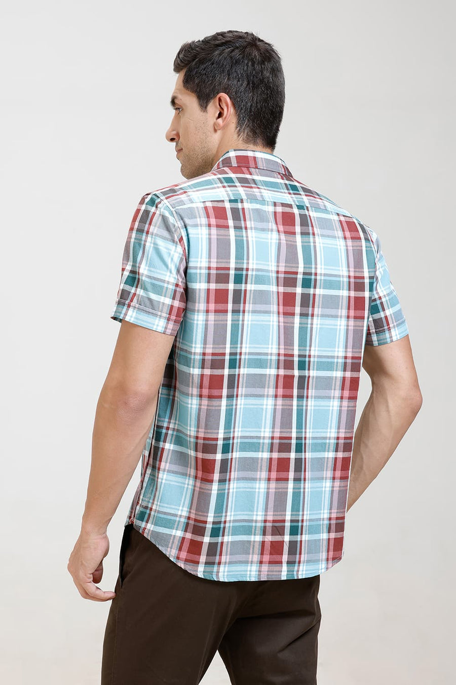 BASICS SLIM FIT WATER BLUE TWILL CHECKS HALFSLEEVES SHIRT