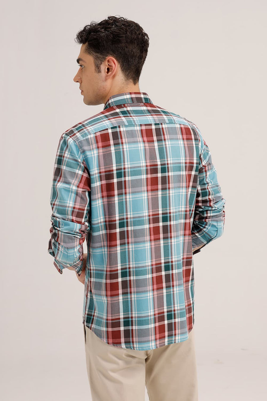 BASICS SLIM FIT WATER BLUE TWILL CHECKS SHIRT