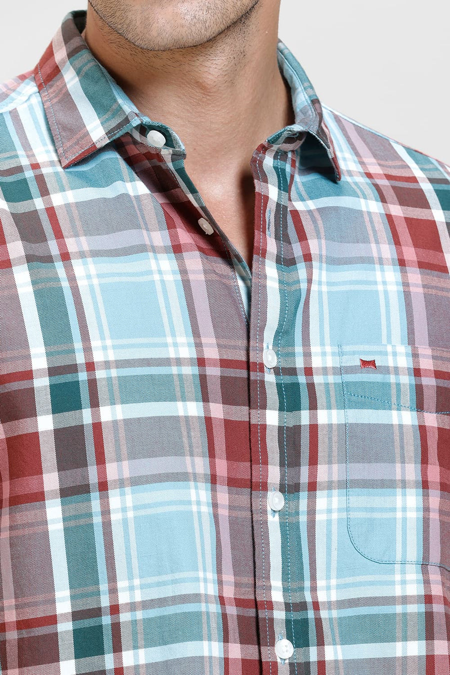 BASICS SLIM FIT WATER BLUE TWILL CHECKS HALFSLEEVES SHIRT