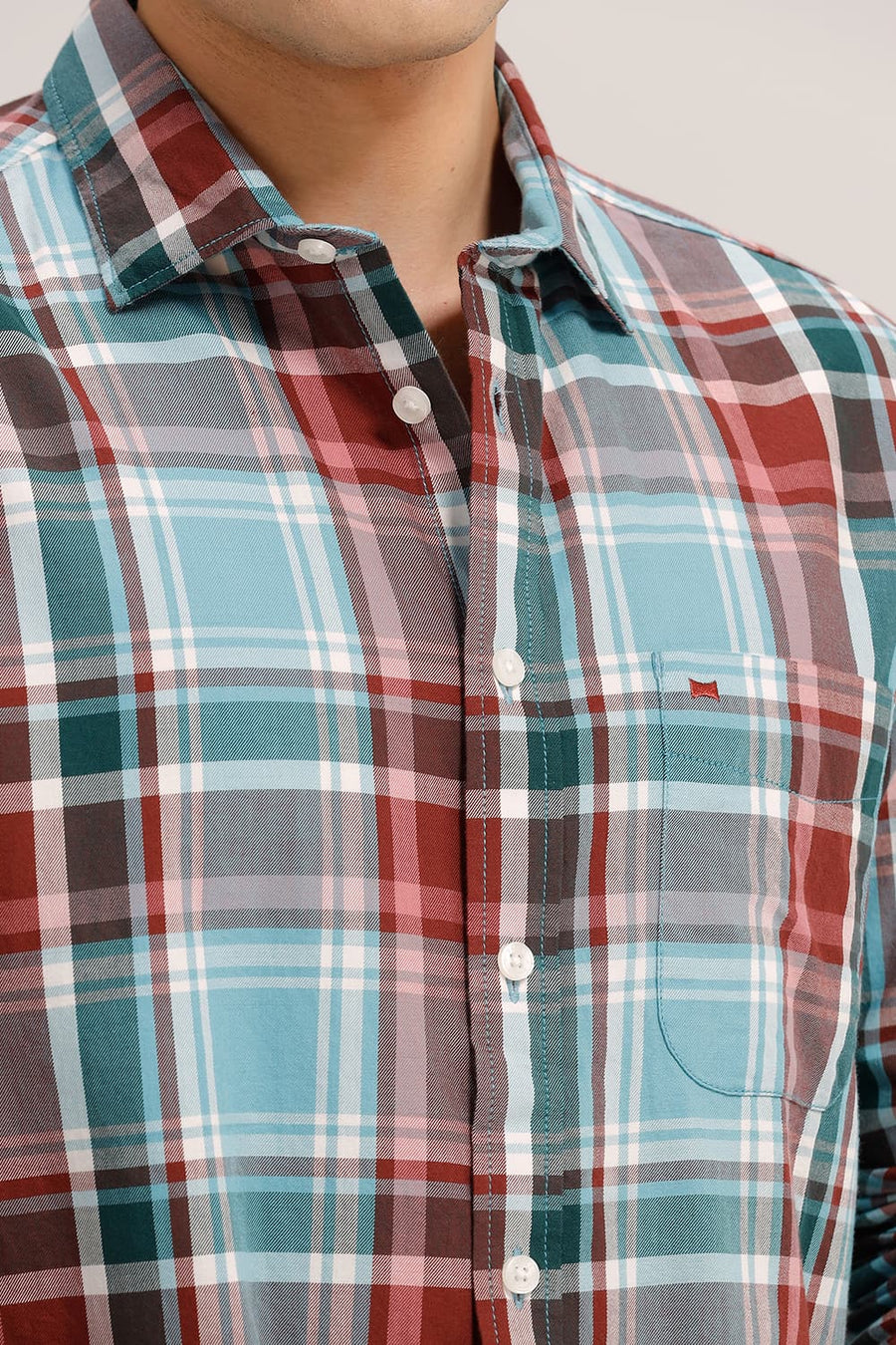 BASICS SLIM FIT WATER BLUE TWILL CHECKS SHIRT