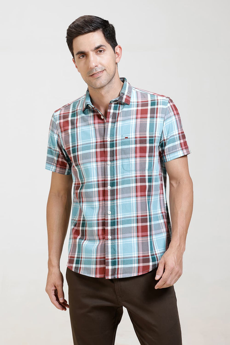 BASICS SLIM FIT WATER BLUE TWILL CHECKS HALFSLEEVES SHIRT