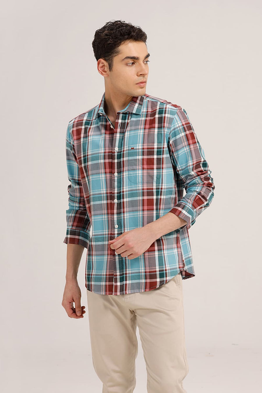 BASICS SLIM FIT WATER BLUE TWILL CHECKS SHIRT