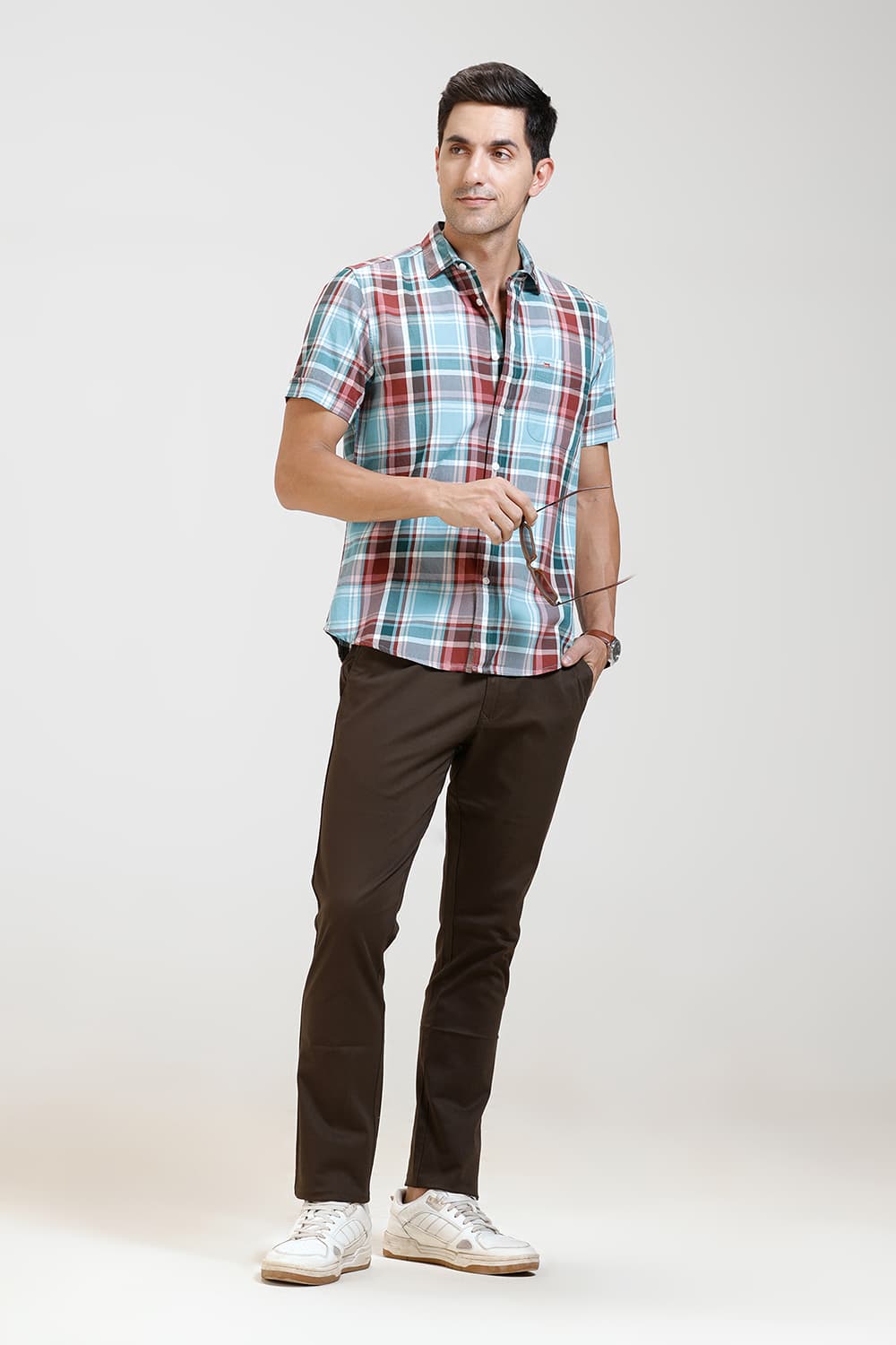 SLIM FIT TWILL CHECKS HALFSLEEVES SHIRT
