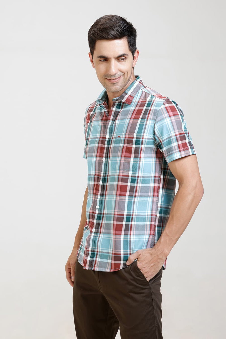 BASICS SLIM FIT WATER BLUE TWILL CHECKS HALFSLEEVES SHIRT