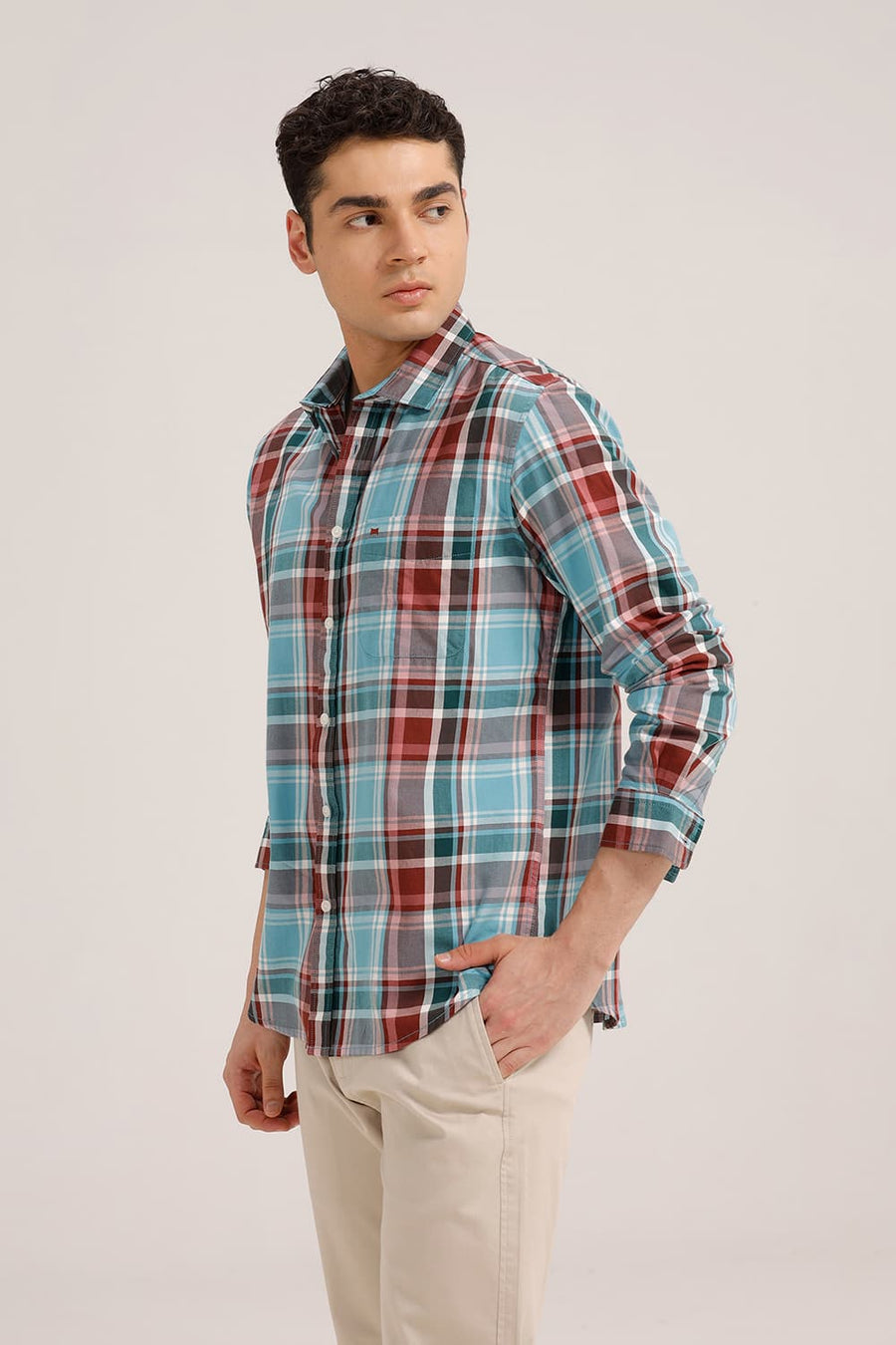 BASICS SLIM FIT WATER BLUE TWILL CHECKS SHIRT