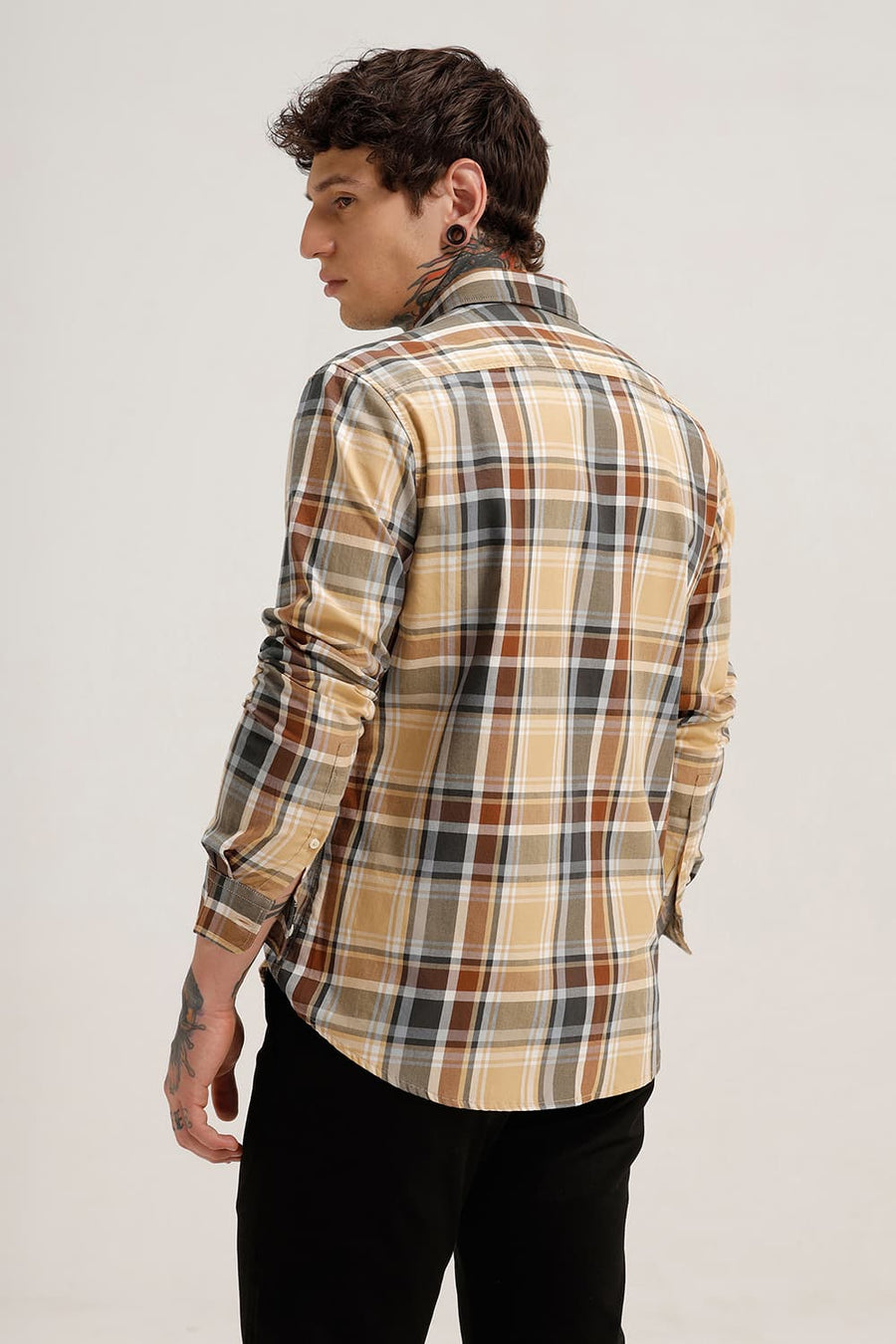 BASICS SLIM FIT BEIGE CINNAMON TWILL CHECKS SHIRT
