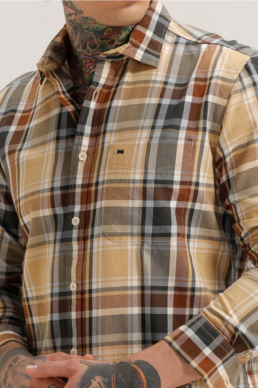BASICS SLIM FIT BEIGE CINNAMON TWILL CHECKS SHIRT