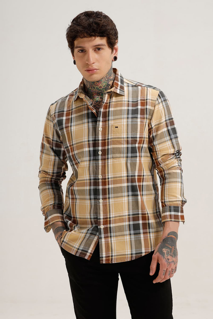 BASICS SLIM FIT BEIGE CINNAMON TWILL CHECKS SHIRT
