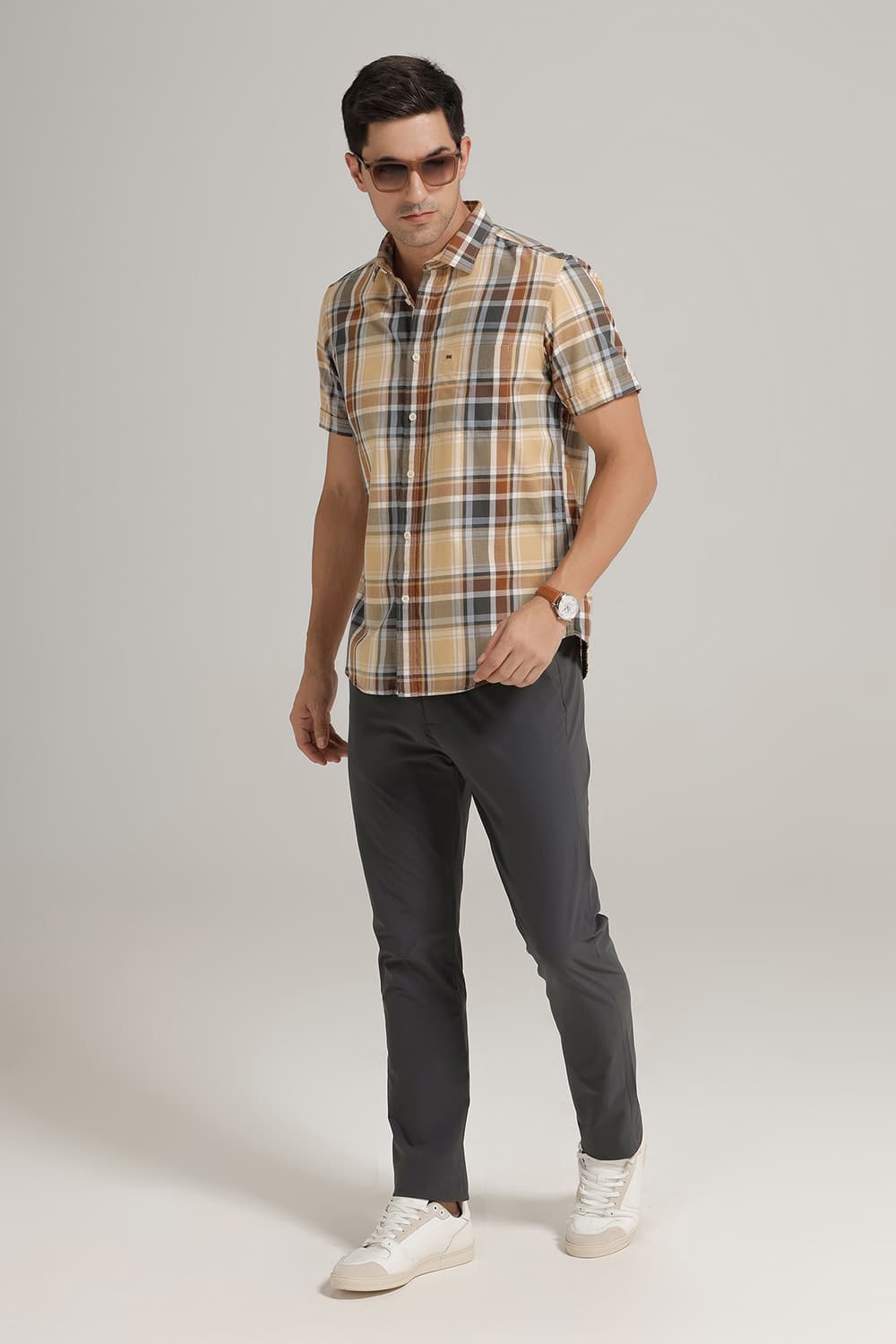 SLIM FIT TWILL CHECKS HALFSLEEVES SHIRT