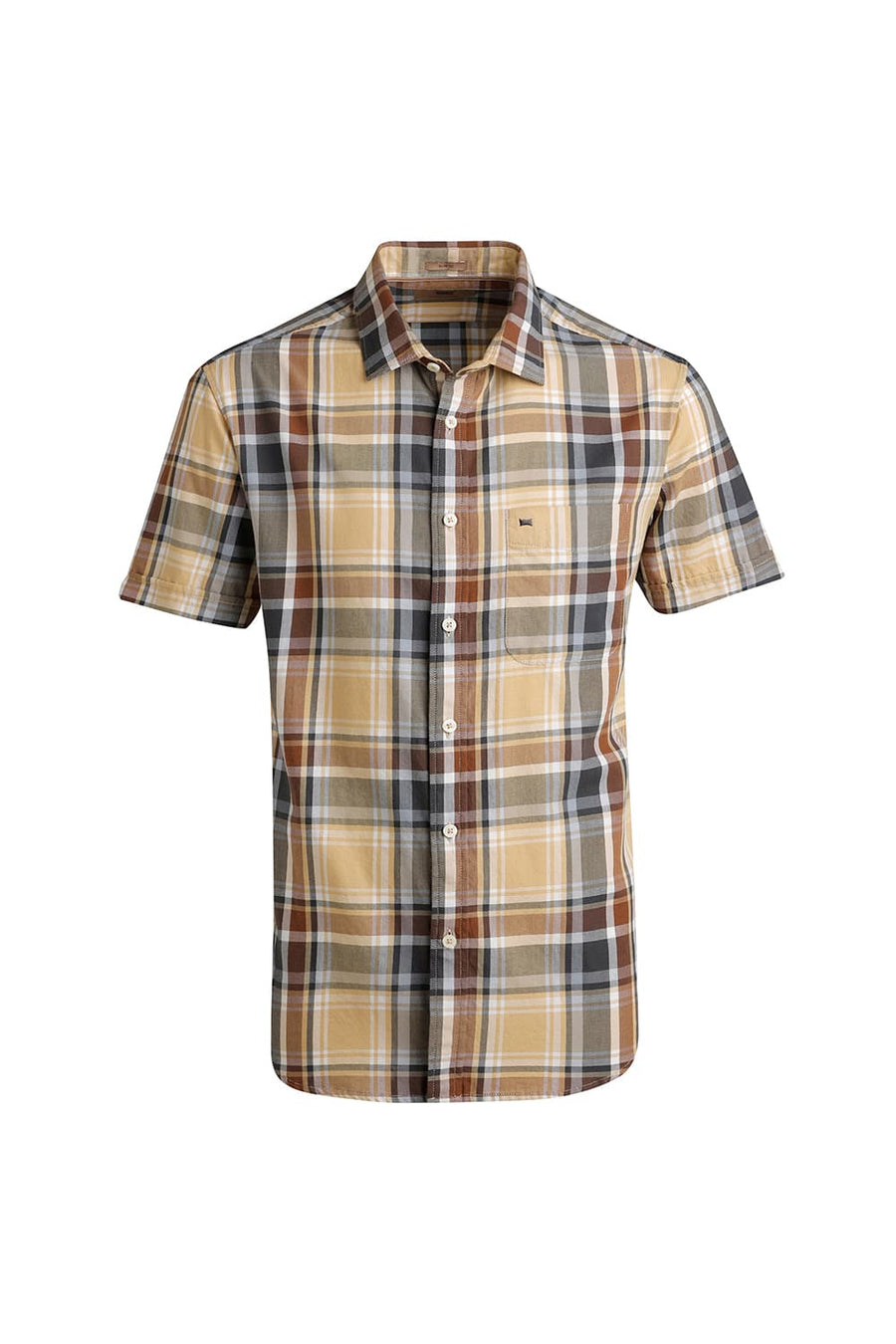 BASICS SLIM FIT BEIGE CINNAMON TWILL CHECKS HALFSLEEVES SHIRT