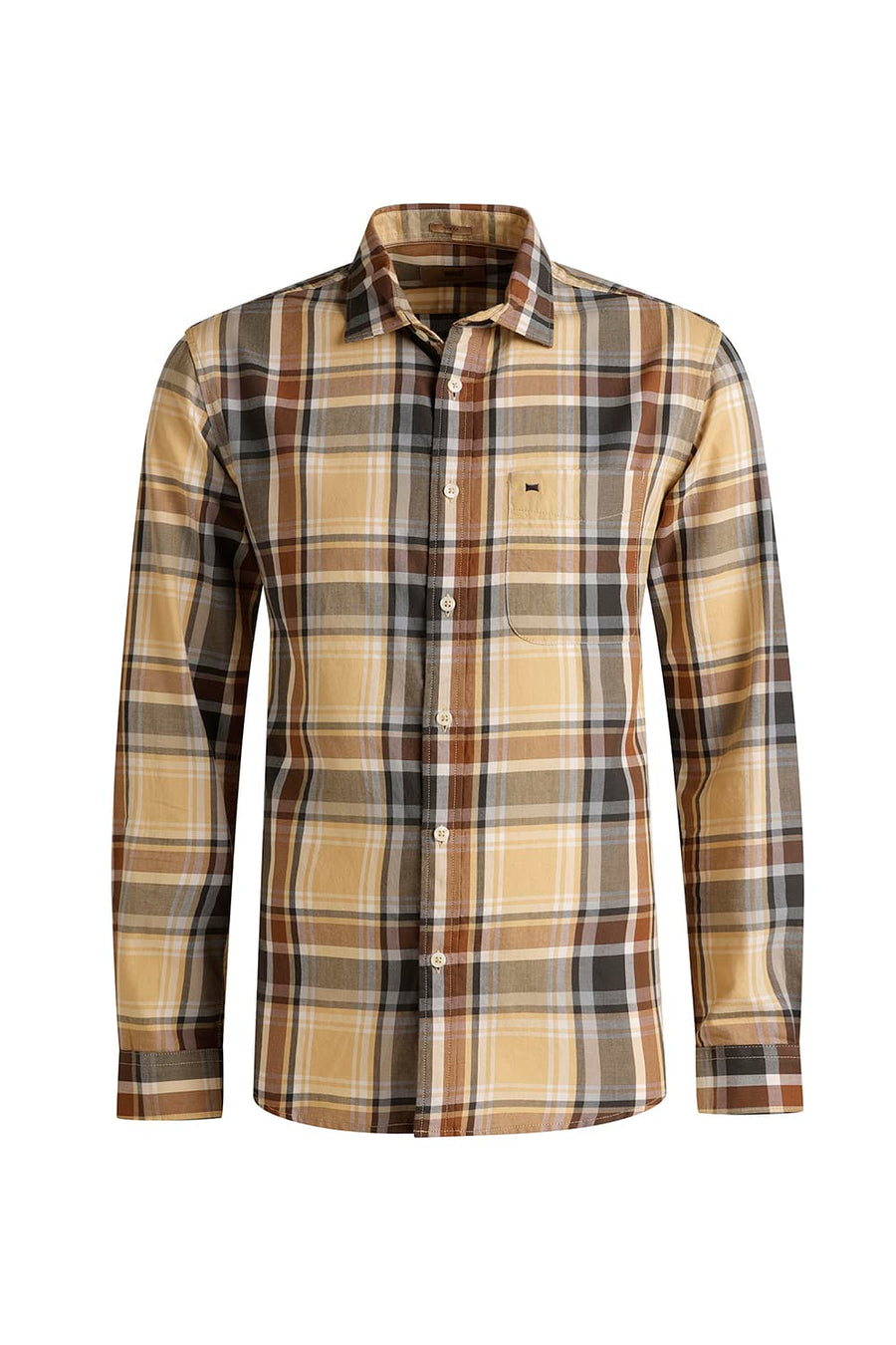 BASICS SLIM FIT BEIGE CINNAMON TWILL CHECKS SHIRT
