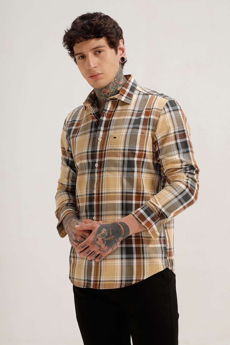 BASICS SLIM FIT BEIGE CINNAMON TWILL CHECKS SHIRT