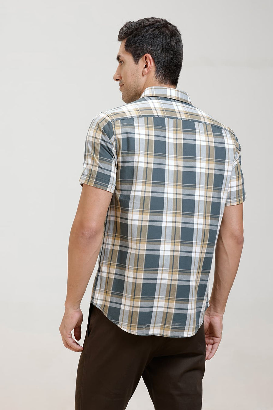BASICS SLIM FIT GATE GREY TWILL CHECKS HALFSLEEVES SHIRT