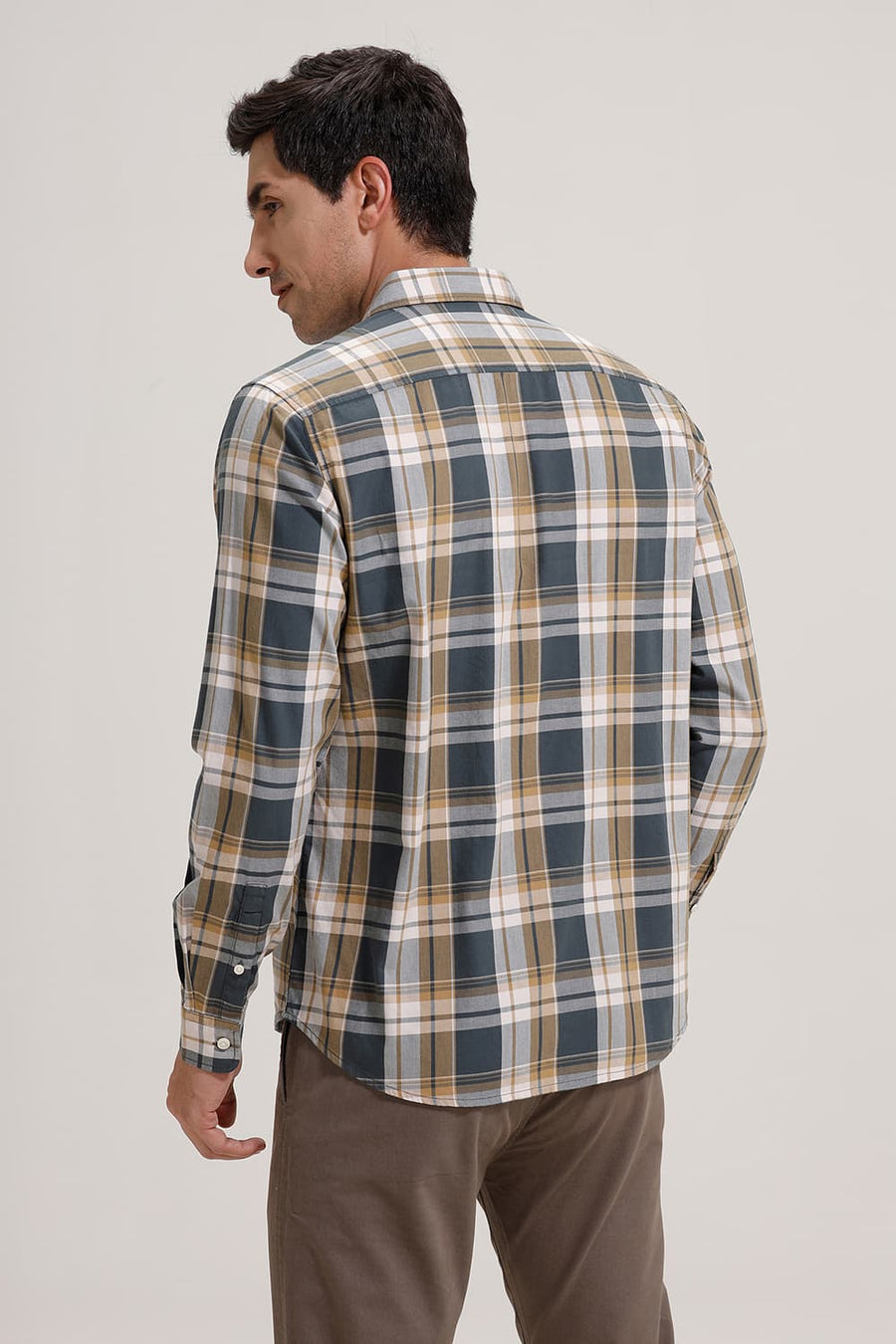 BASICS SLIM FIT GATE GREY TWILL CHECKS SHIRT