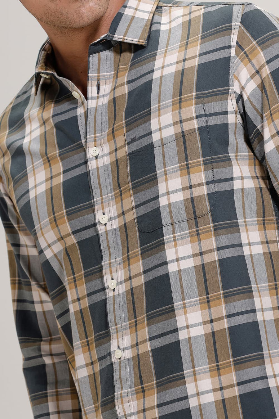 BASICS SLIM FIT GATE GREY TWILL CHECKS SHIRT