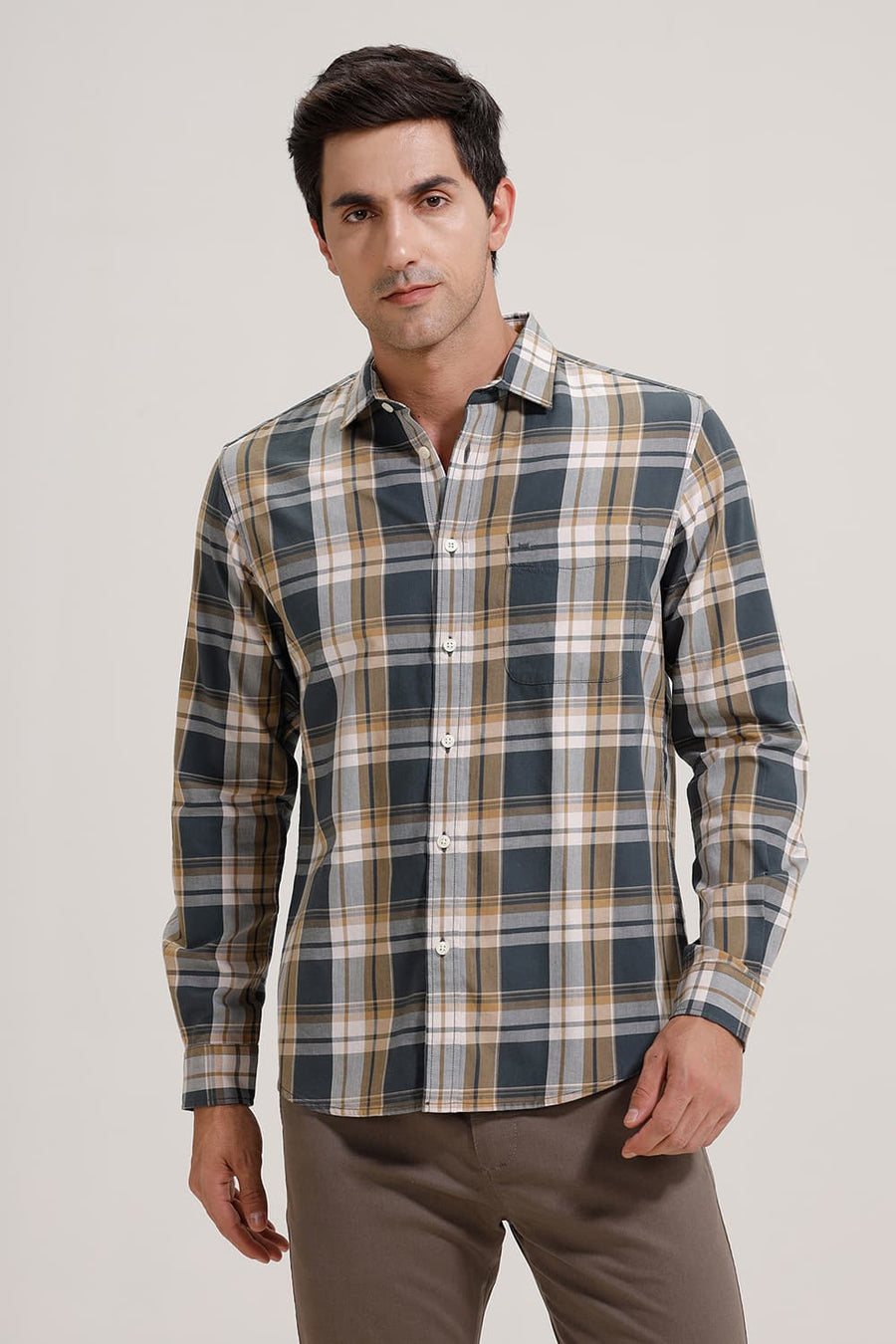 BASICS SLIM FIT GATE GREY TWILL CHECKS SHIRT