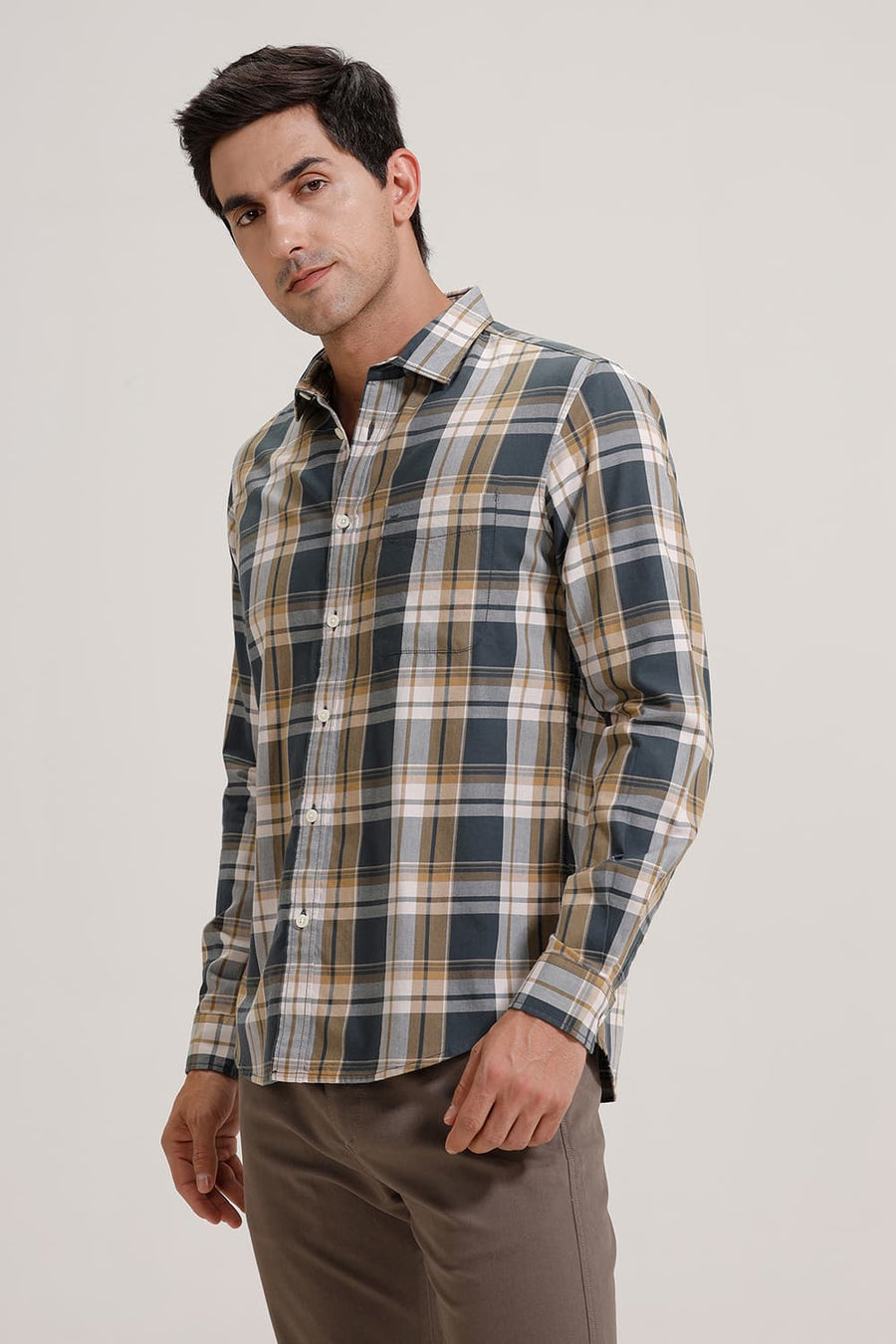 BASICS SLIM FIT GATE GREY TWILL CHECKS SHIRT