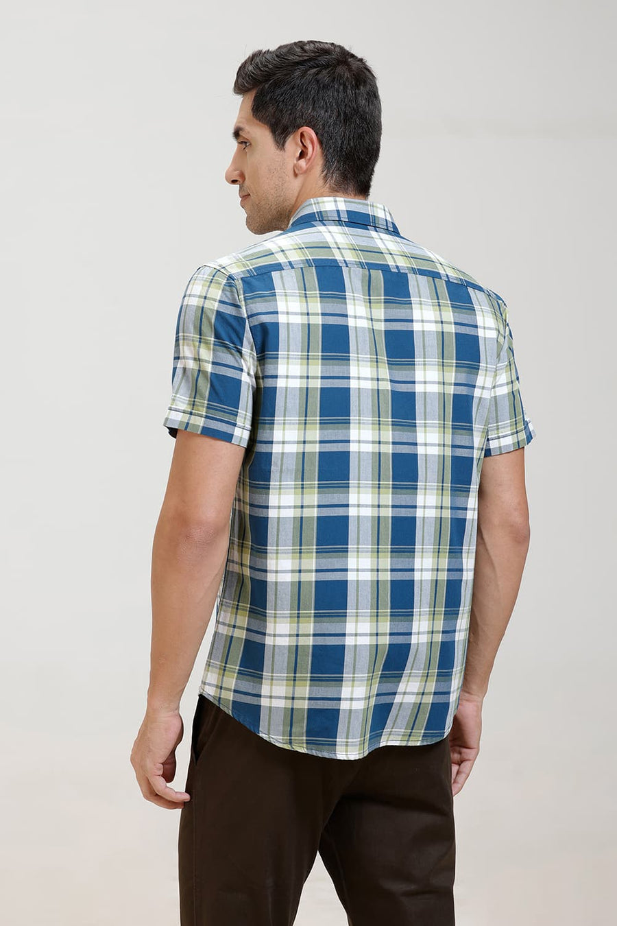 BASICS SLIM FIT CELESTIAL BLUE TWILL CHECKS HALFSLEEVES SHIRT