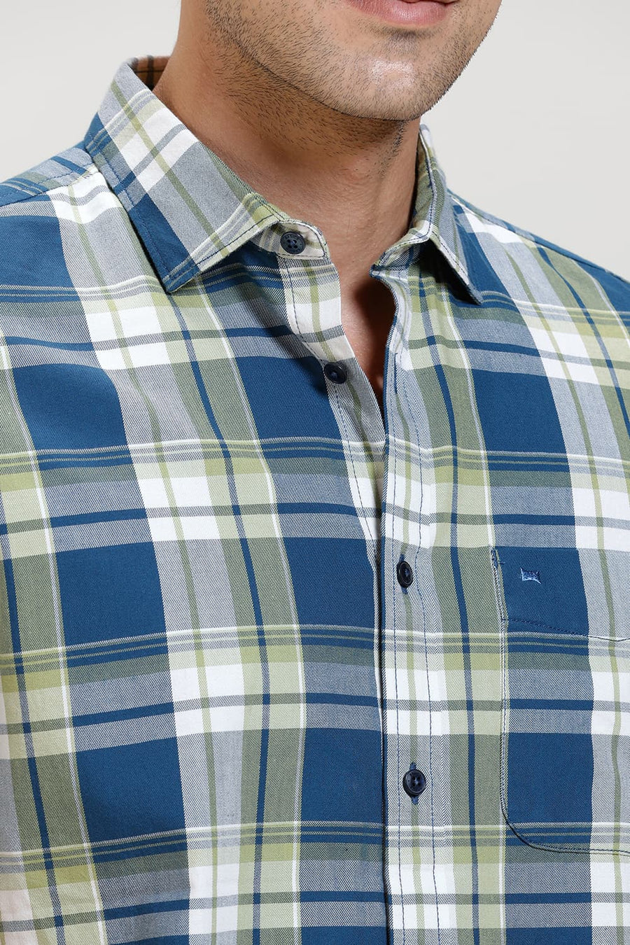 BASICS SLIM FIT CELESTIAL BLUE TWILL CHECKS HALFSLEEVES SHIRT