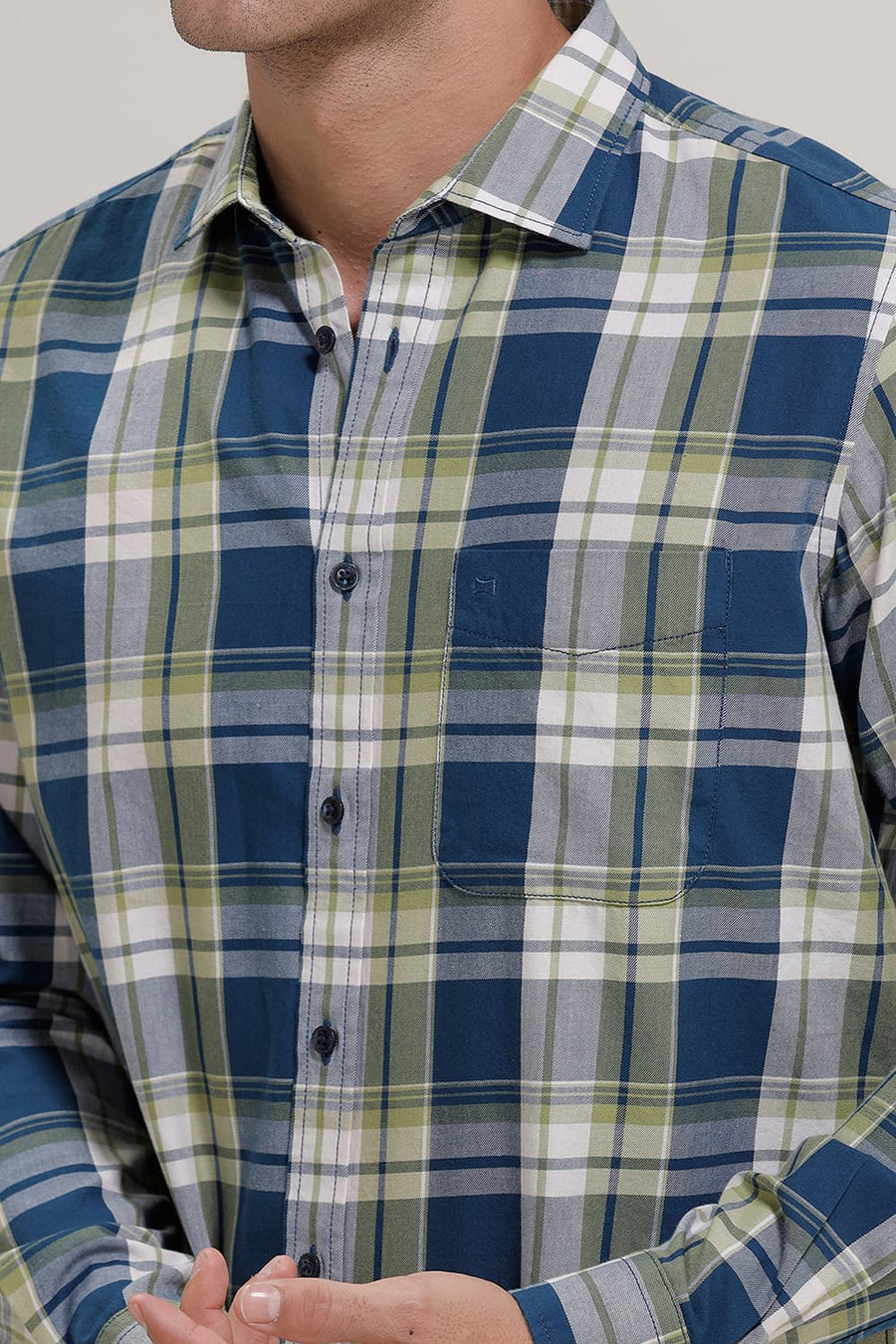 BASICS SLIM FIT CELESTIAL BLUE TWILL CHECKS SHIRT