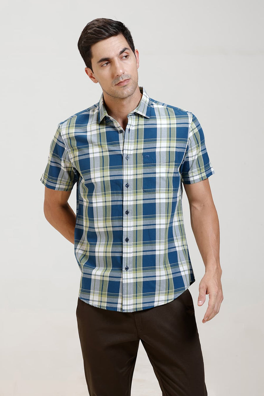 BASICS SLIM FIT CELESTIAL BLUE TWILL CHECKS HALFSLEEVES SHIRT